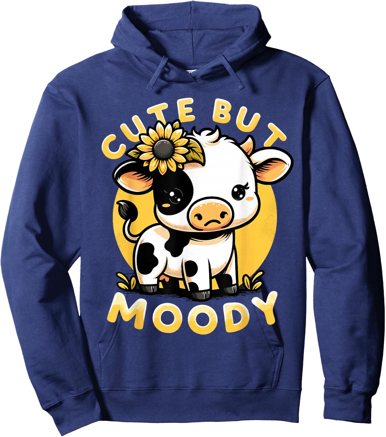Cute But Moody, Cute Cow, Kids, Farm & Baby Cow Sunflower Hoodie - Hoodie | Navy