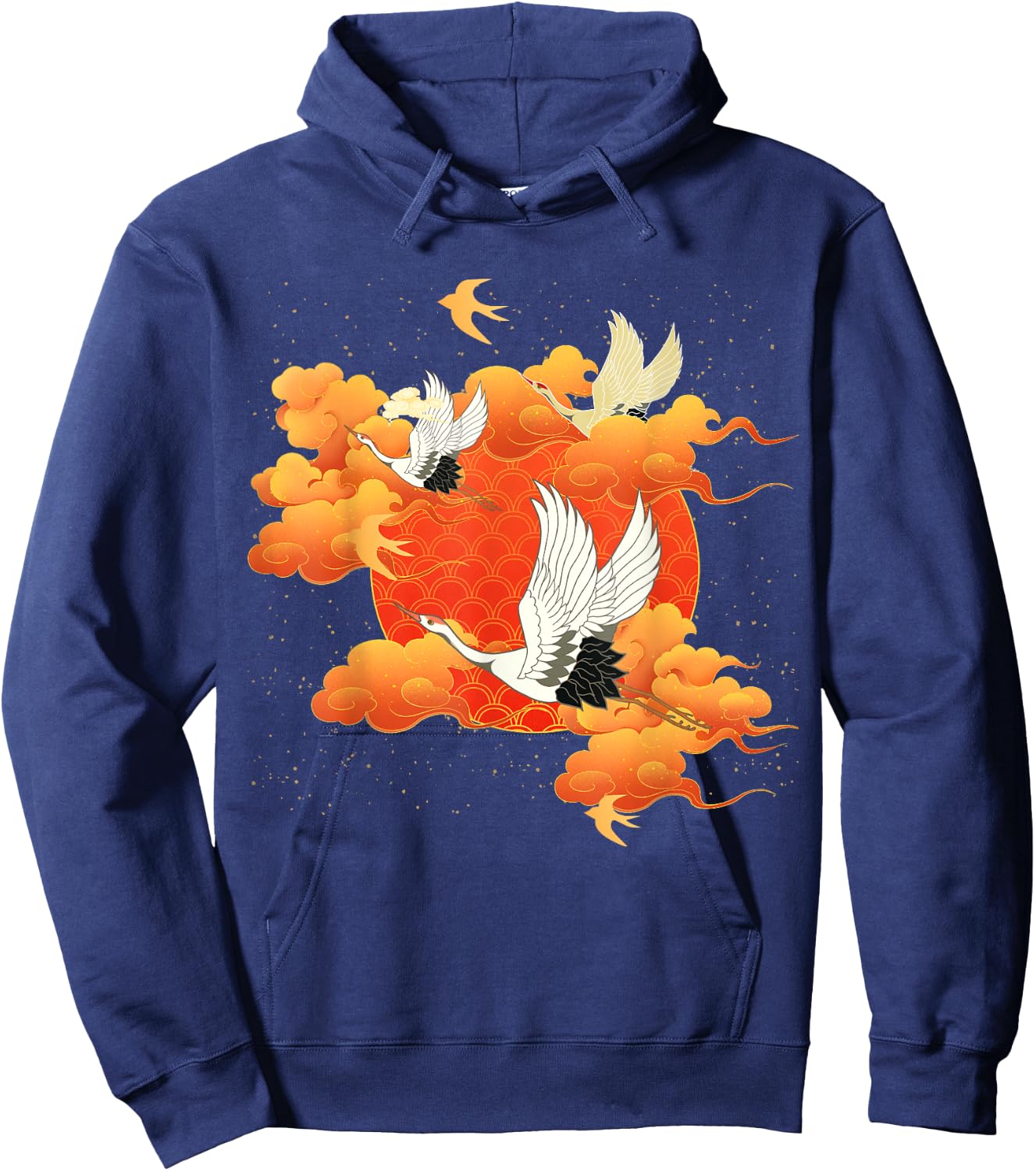 Flying Crane Bird Red Clouds and Sun Japanese Chinese Art Hoodie - Hoodie | Navy