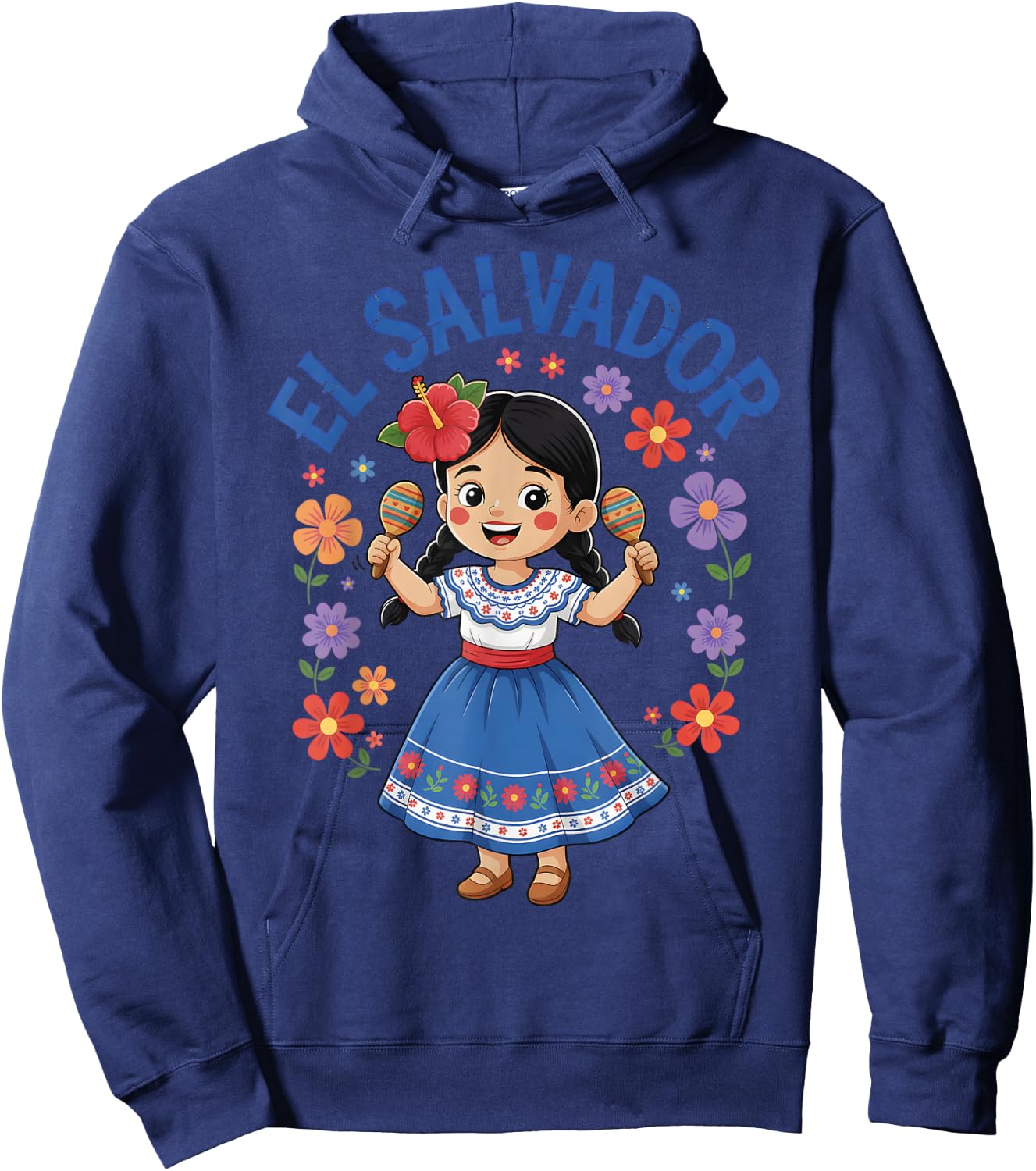 El Salvador Girl Maracas Traditional Dress Flowers Hoodie - Hoodie | Navy