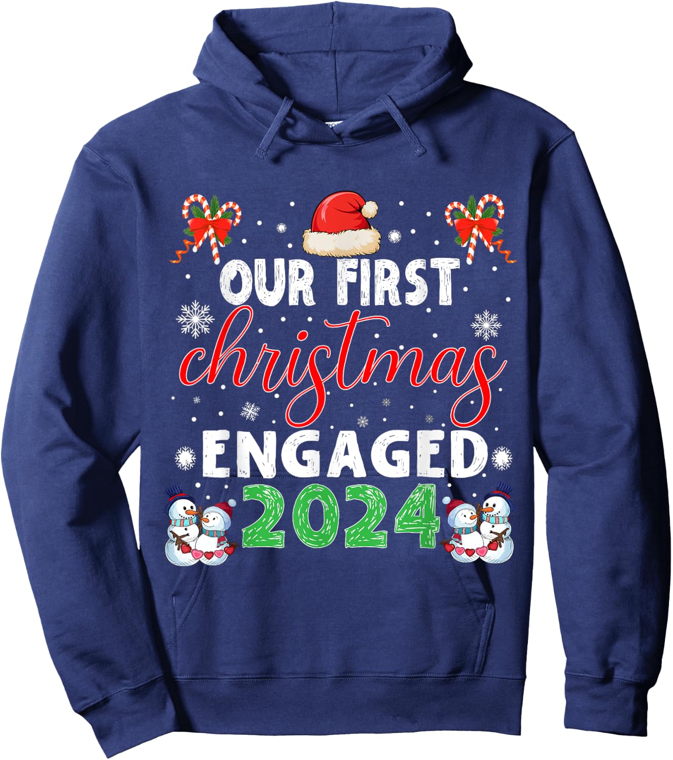 Christmas Couple Our First Christmas Engaged 2024 Funny Couple Xmas Pajamas Hoodie - Hoodie | Navy