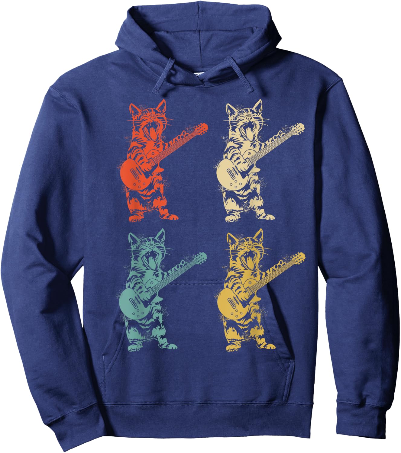 Retro Cat Rocker Kitty Plays Guitar Rockstar Guitarist , Black Hoodie - Hoodie | Navy