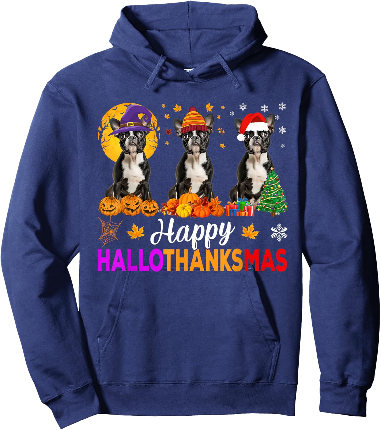 Boston Terrier Dog Halloween Christmas Hallothanksmas Men Women Kids Hoodie - Hoodie | Navy