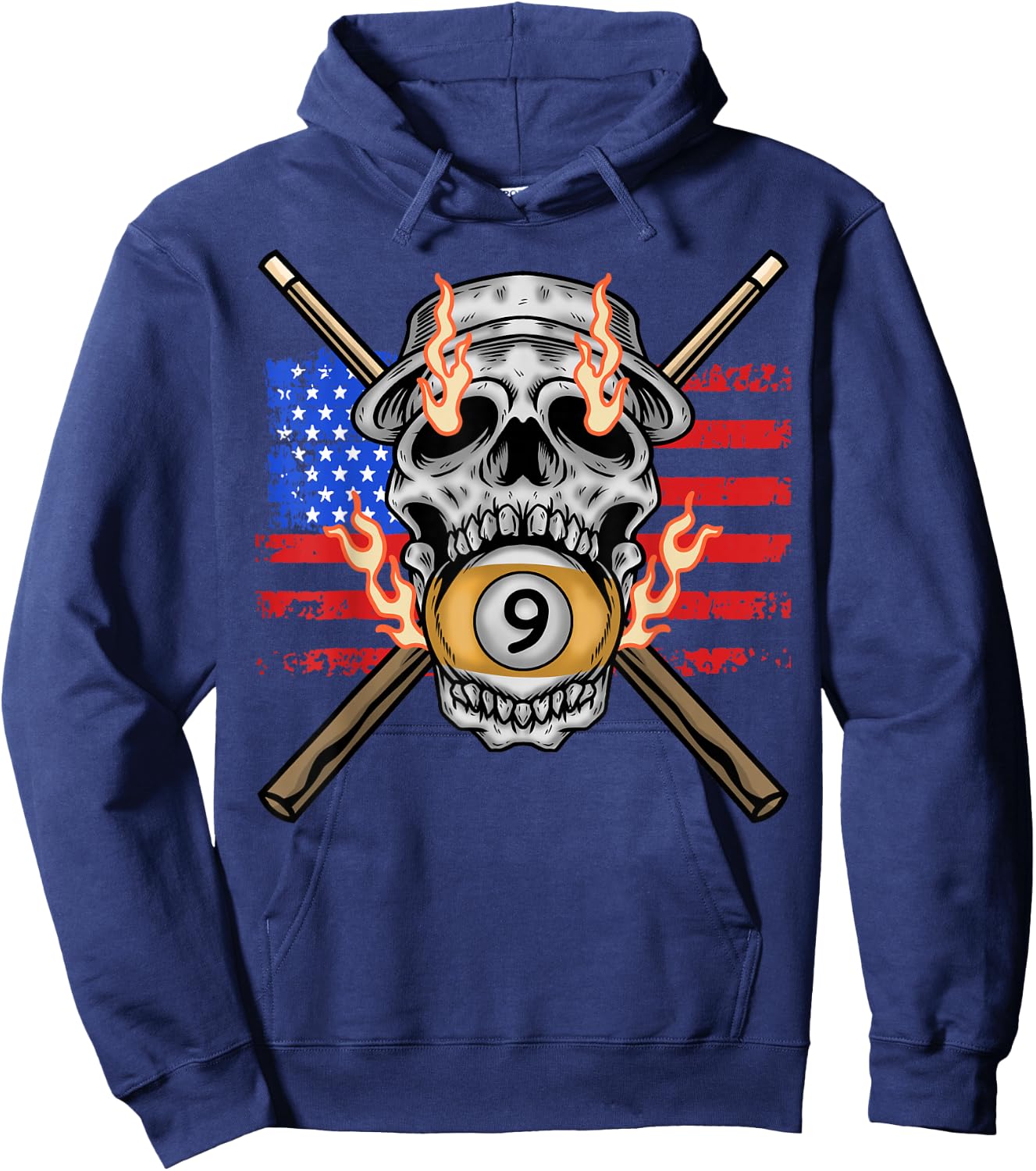 9 Ball Billiard Pool Player American Flag Skull Billiards Hoodie - Hoodie | Navy