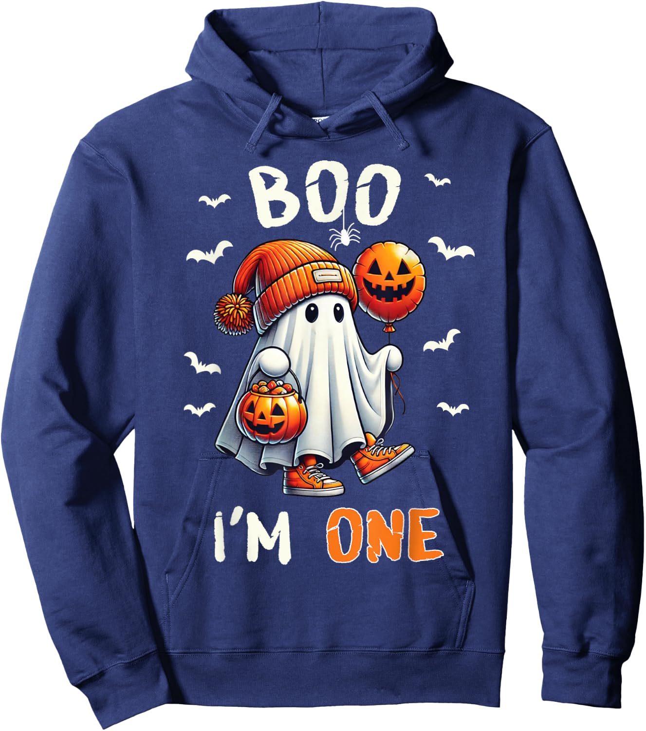 Boo I'm One Ghost 1st Birthday Halloween Boy Kids Groovy Hoodie - Hoodie | Navy