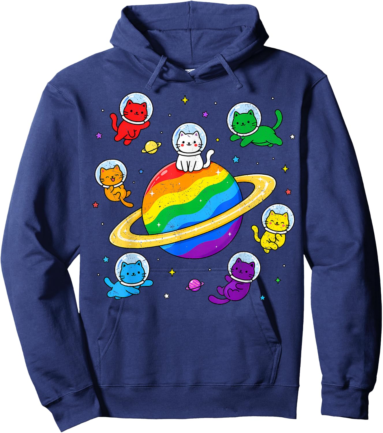 Cute Kawaii Cats Rainbow Space Cat LGBTQ Flag Gay Pride Ally Hoodie - Hoodie | Navy