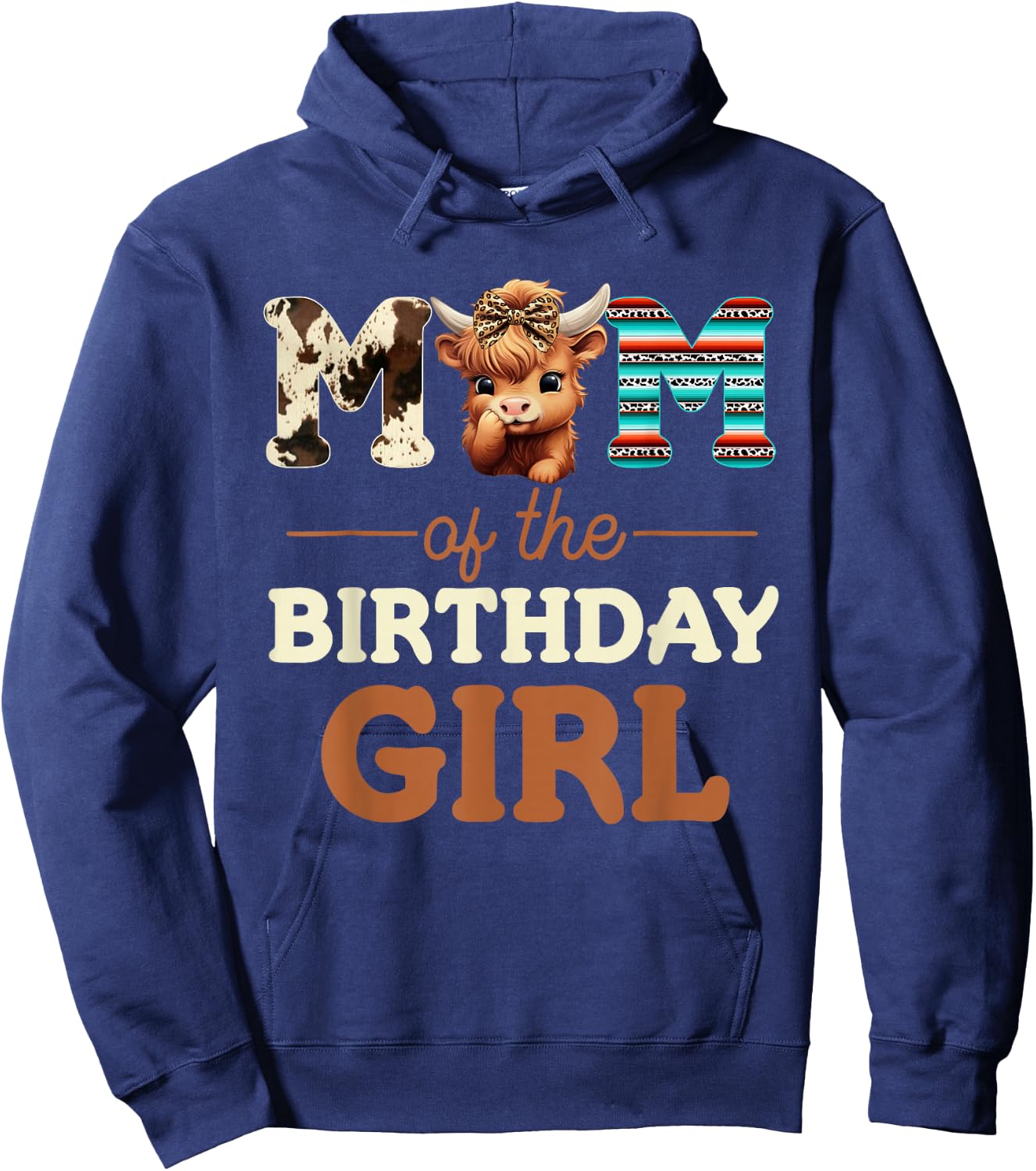 Mom of The Birthday Girl Highland Cow Print First Bday Hoodie - Hoodie | Navy