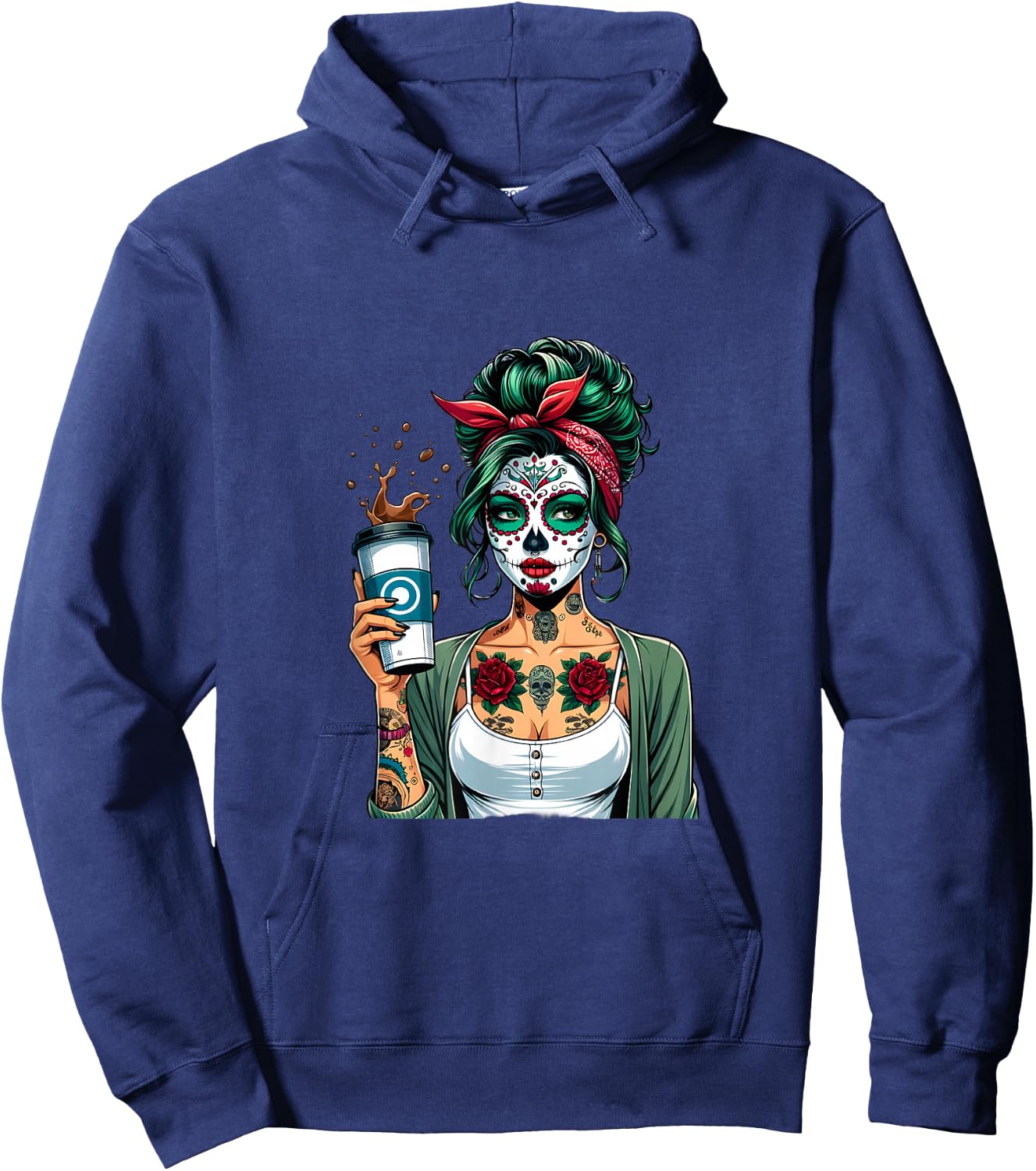 Retro Woman Diva Coffee Skull Make-Up Vintage Pin-Up Hoodie - Hoodie | Navy