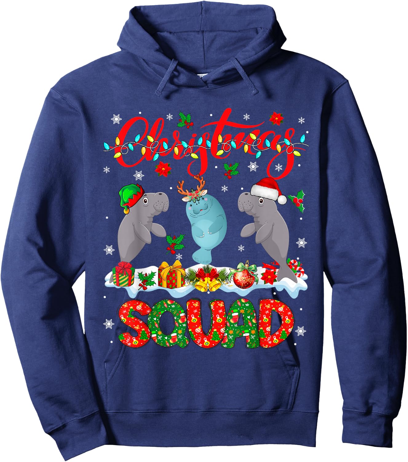 Christmas Squad Three Santa Reindeer Elf Manatees Xmas Hoodie - Hoodie | Navy