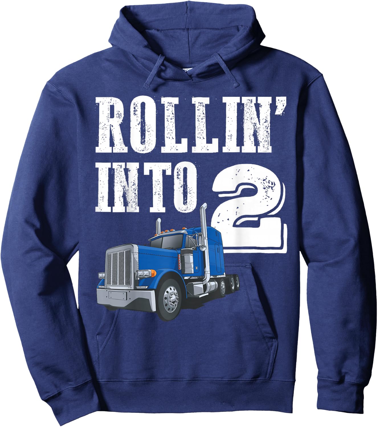 Rollin Into 2 Big Rig Semi Trailer Truck 2nd Birthday Hoodie - Hoodie | Navy