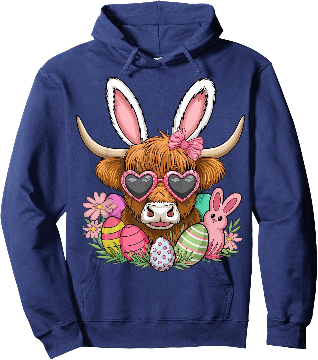 Easter Bunny Highland Cow Farmer Women Girls Easter Day Hoodie - Hoodie | Navy