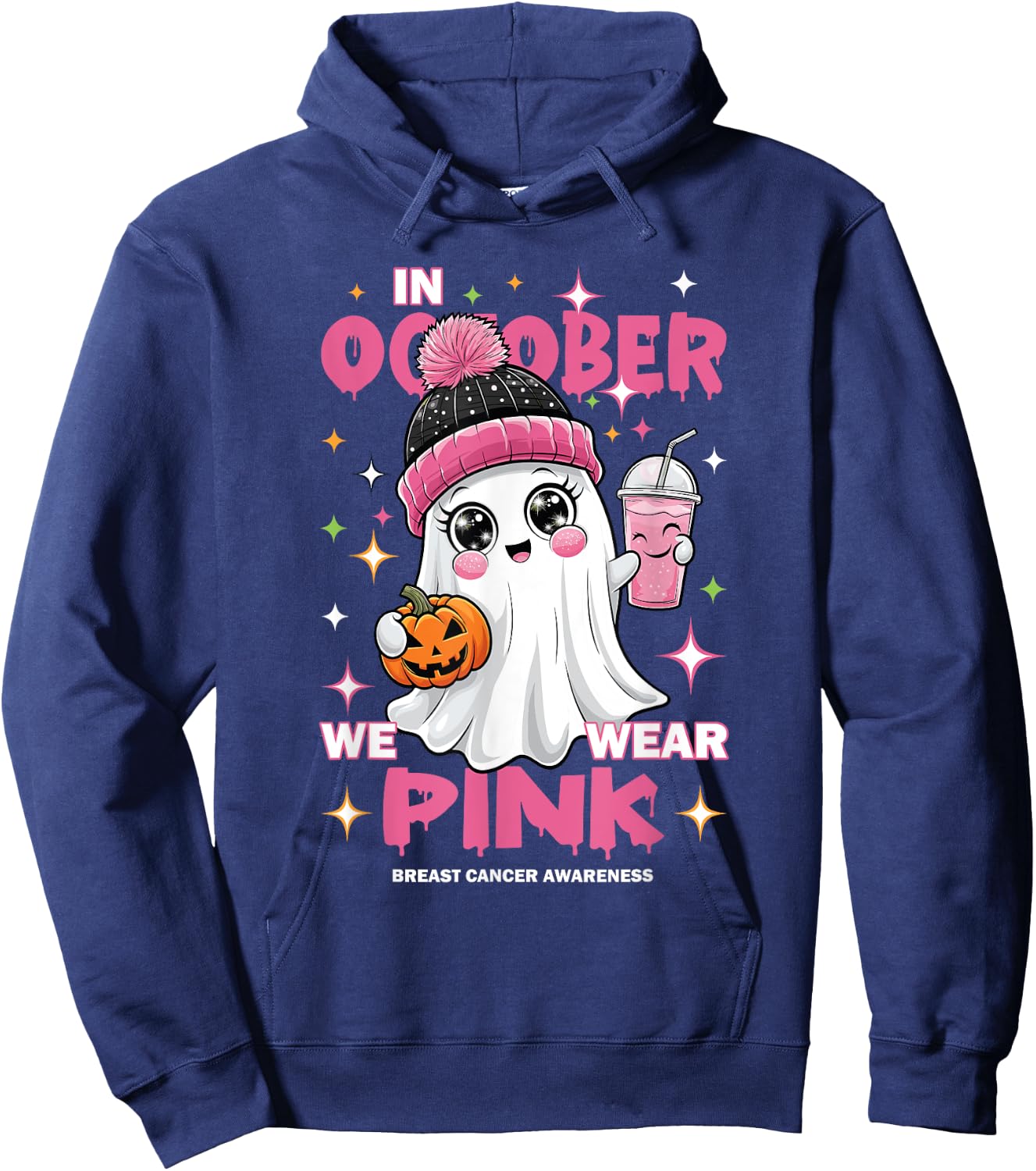 Pink October Halloween Ghost Breast Cancer Awareness Hoodie - Hoodie | Navy