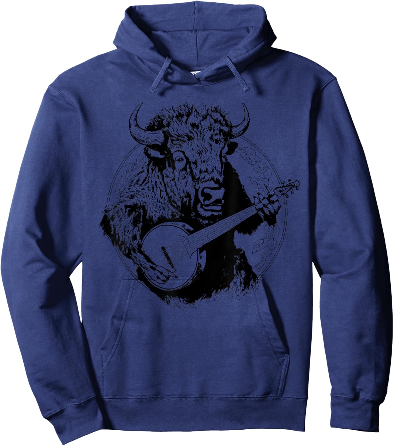 Buffalo Retro Bison Animal Playing Banjo Music Graphic Hoodie - Hoodie | Navy