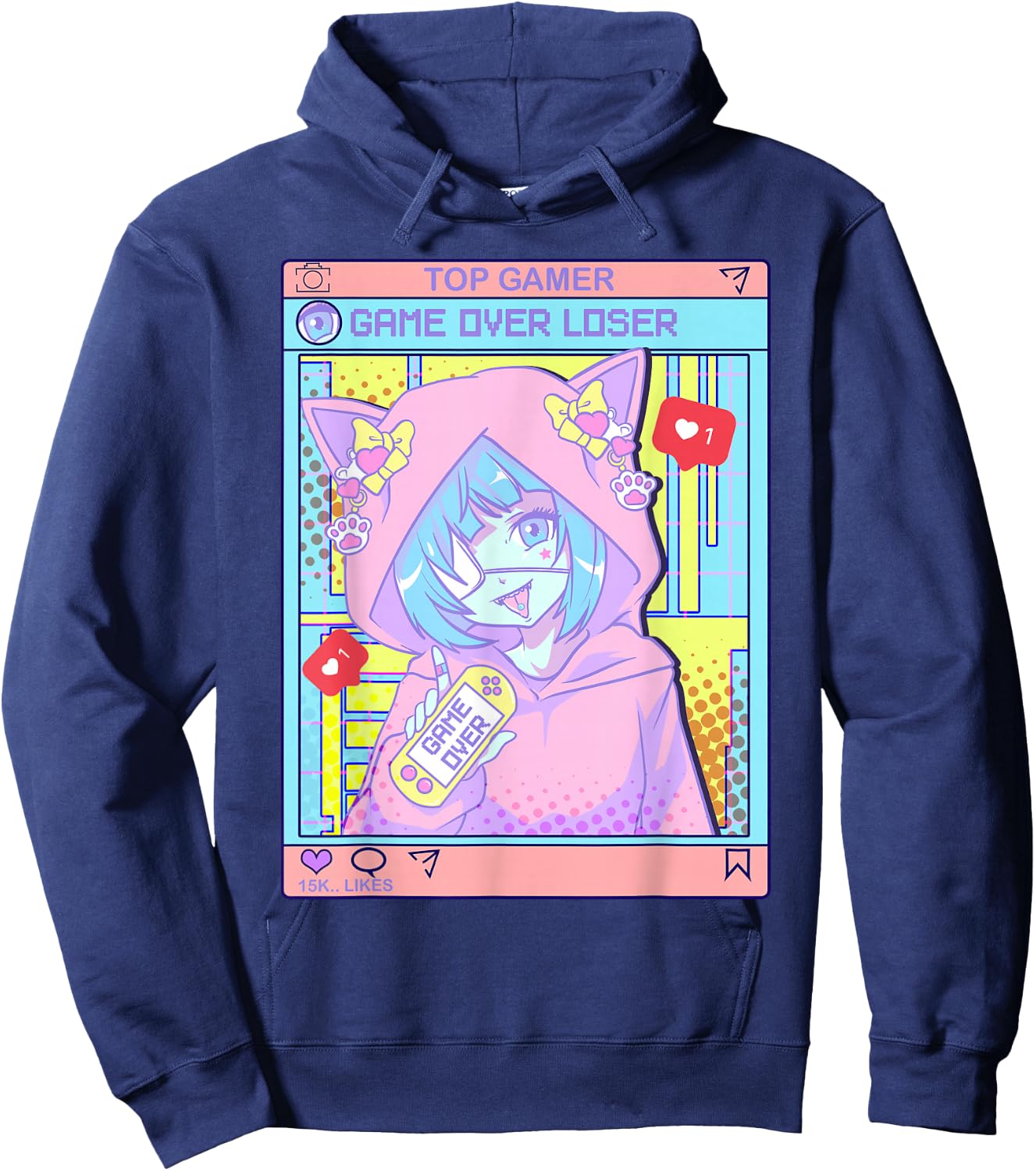 Kawaii Pastel Goth Girl Anime Gamer Game Over Loser Hoodie - Hoodie | Navy