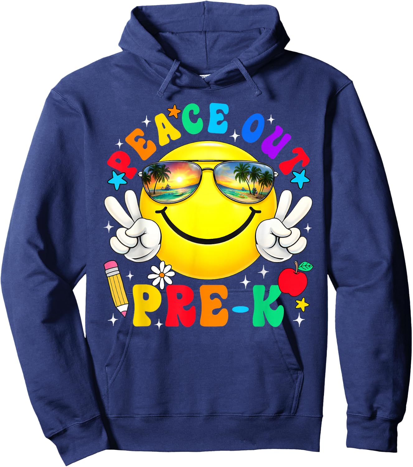 Peace Out Pre-K Last Day of School Groovy Smile Face Hoodie - Hoodie | Navy