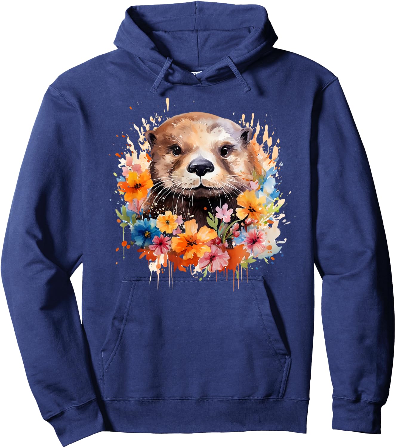 Floral Otter Face Watercolor Painting Sea Otter Portrait Hoodie - Hoodie | Navy