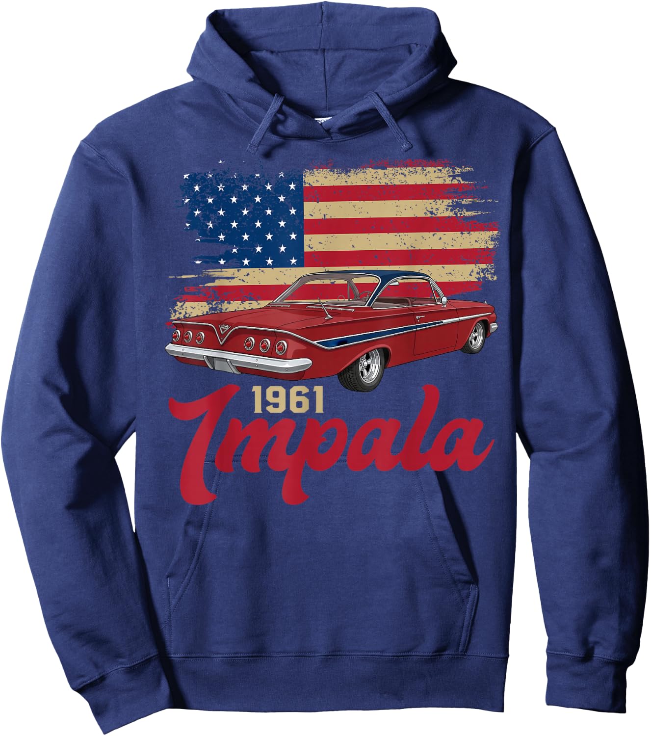 1961 61 Impala Old School Muscle Car American Flag Hoodie - Hoodie | Navy