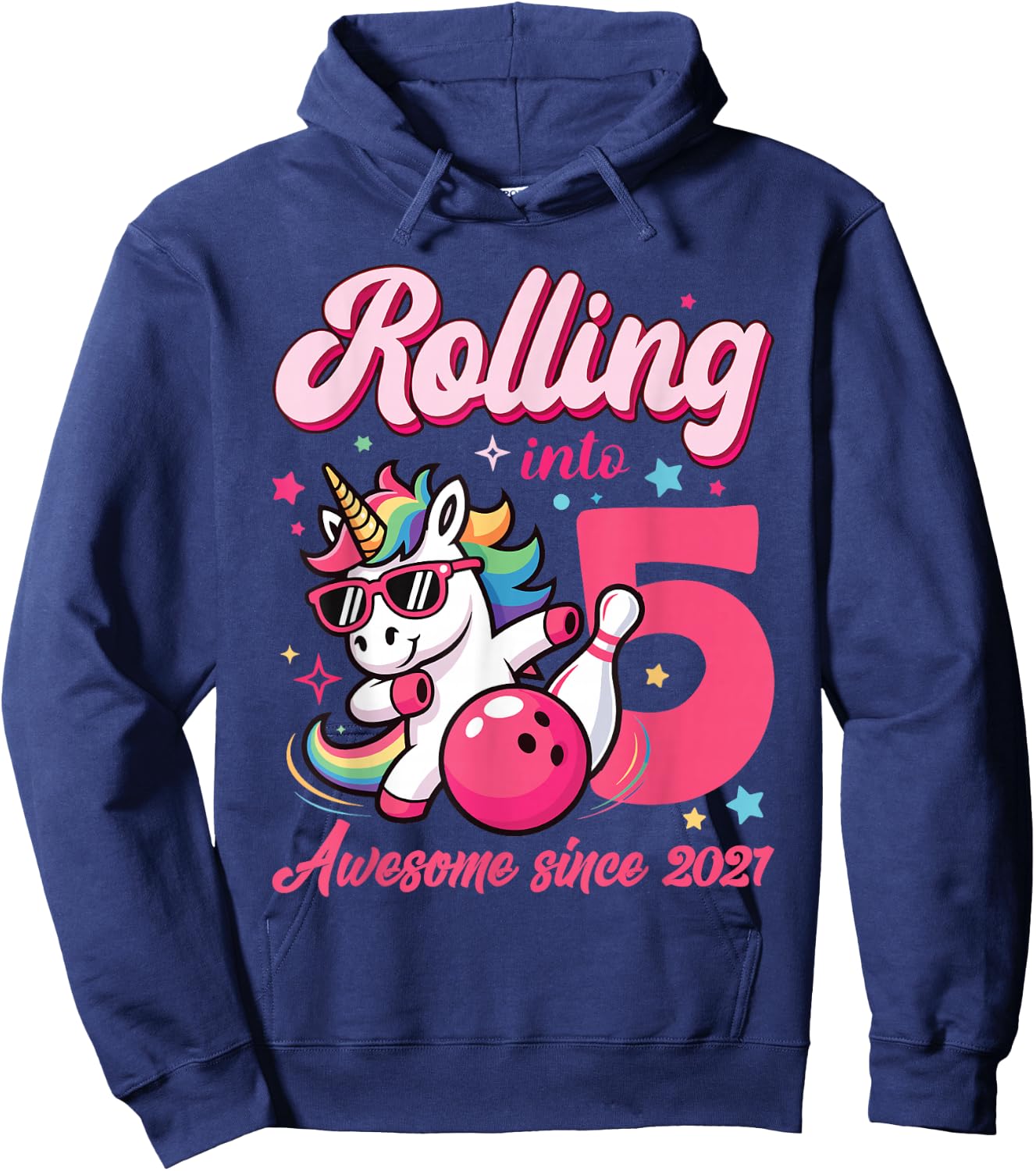 Rolling Into 5 Awesome Since 2021 Unicorn Bowling Hoodie - Hoodie | Navy