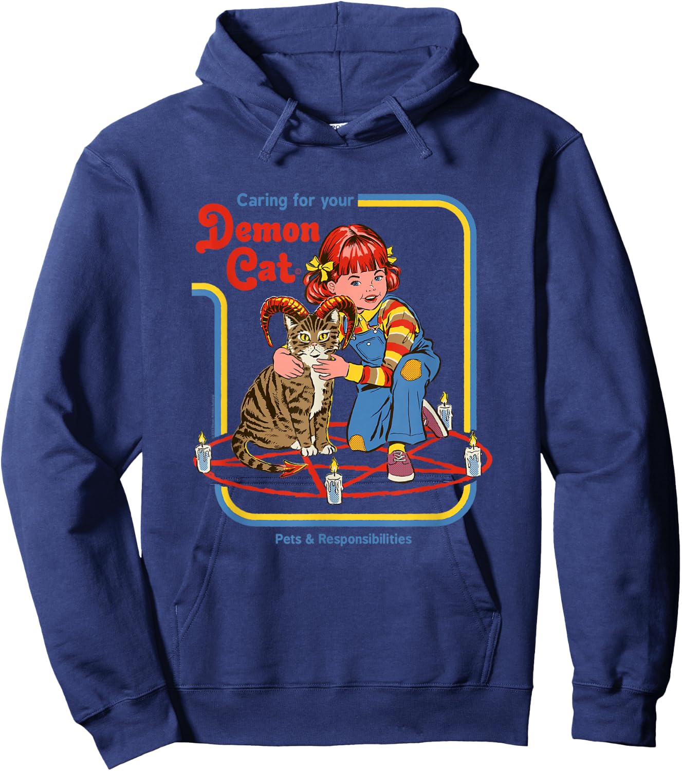 Steven Rhodes Caring for Your Demon Cat Retro Dark Humor Hoodie - Hoodie | Navy