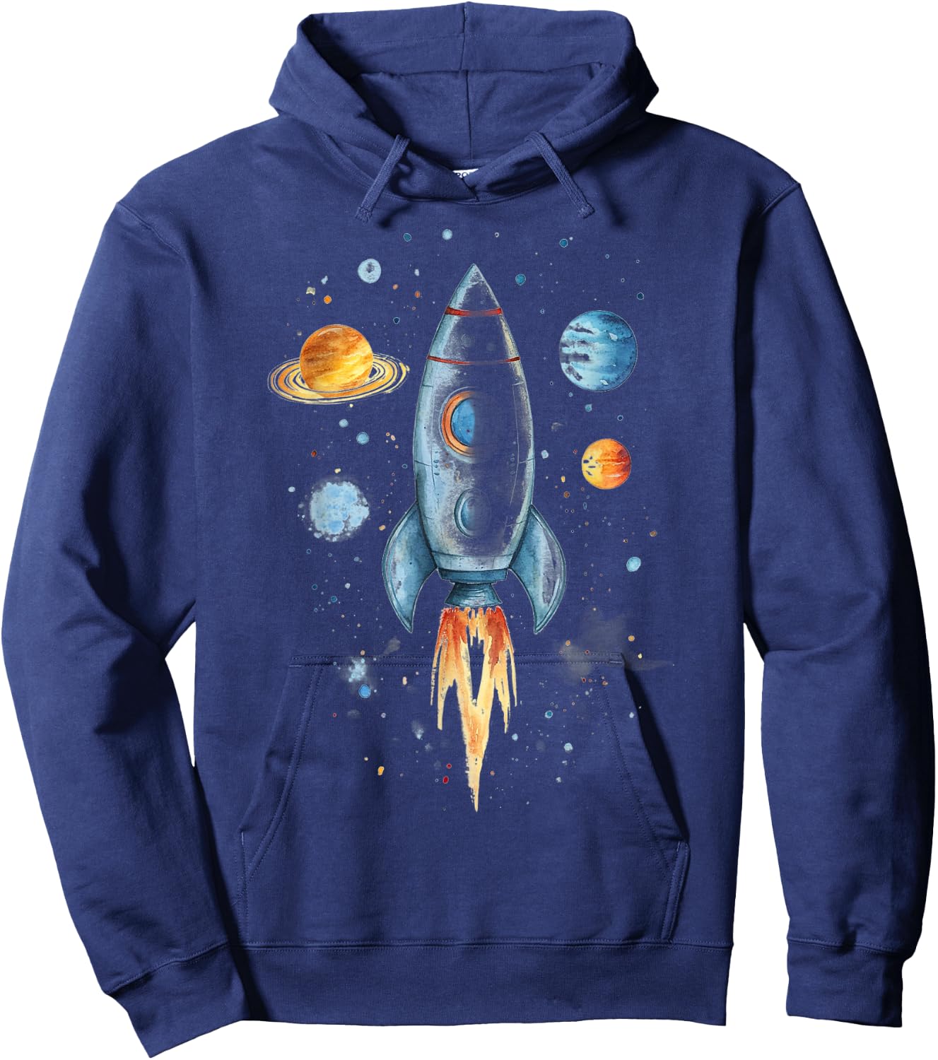 Distressed Rocket Ship And Planets Hoodie - Hoodie | Navy