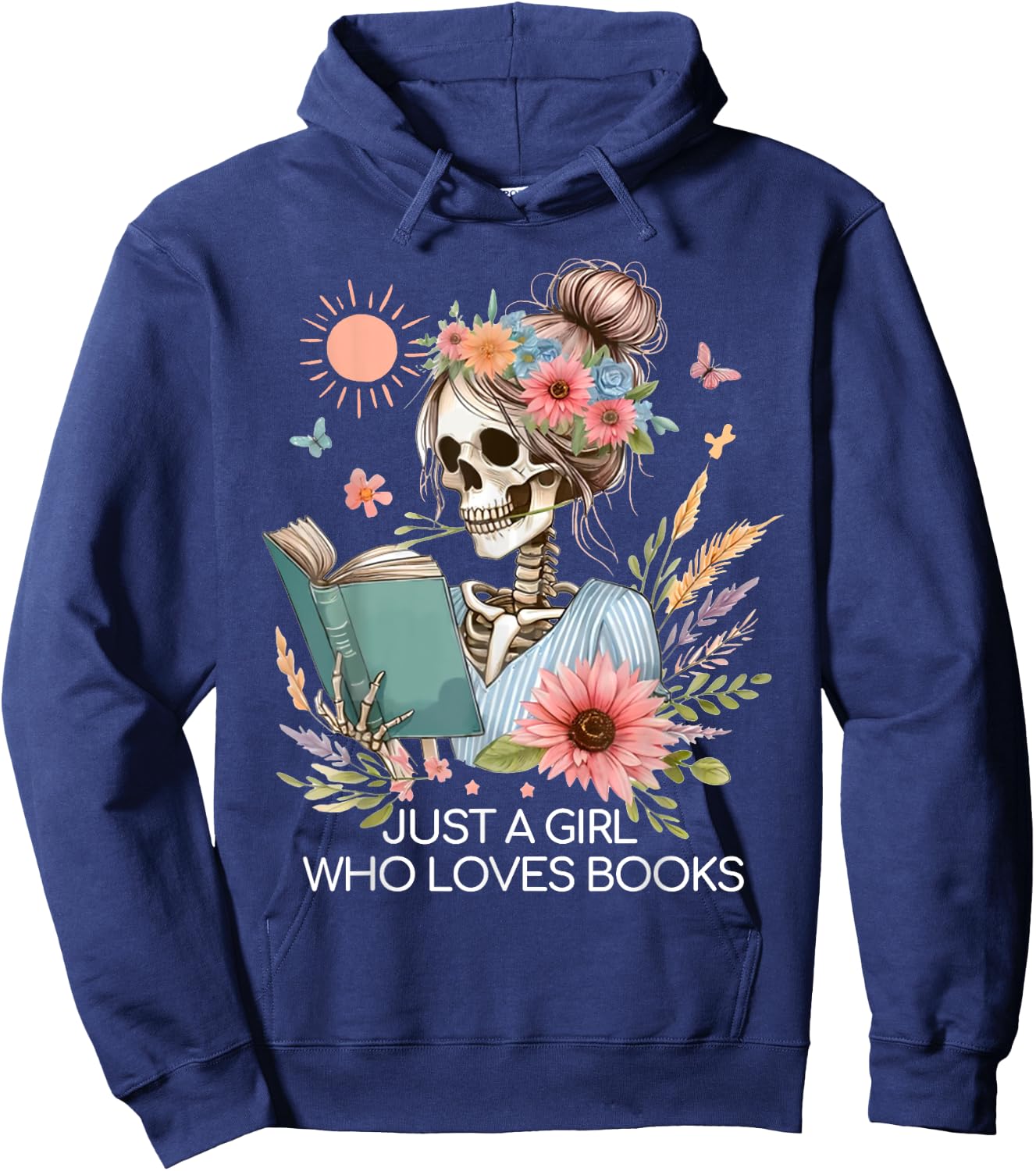 Just A Girl Who Loves Books Messy Bun Book Skeleton Bookworm Hoodie - Hoodie | Navy