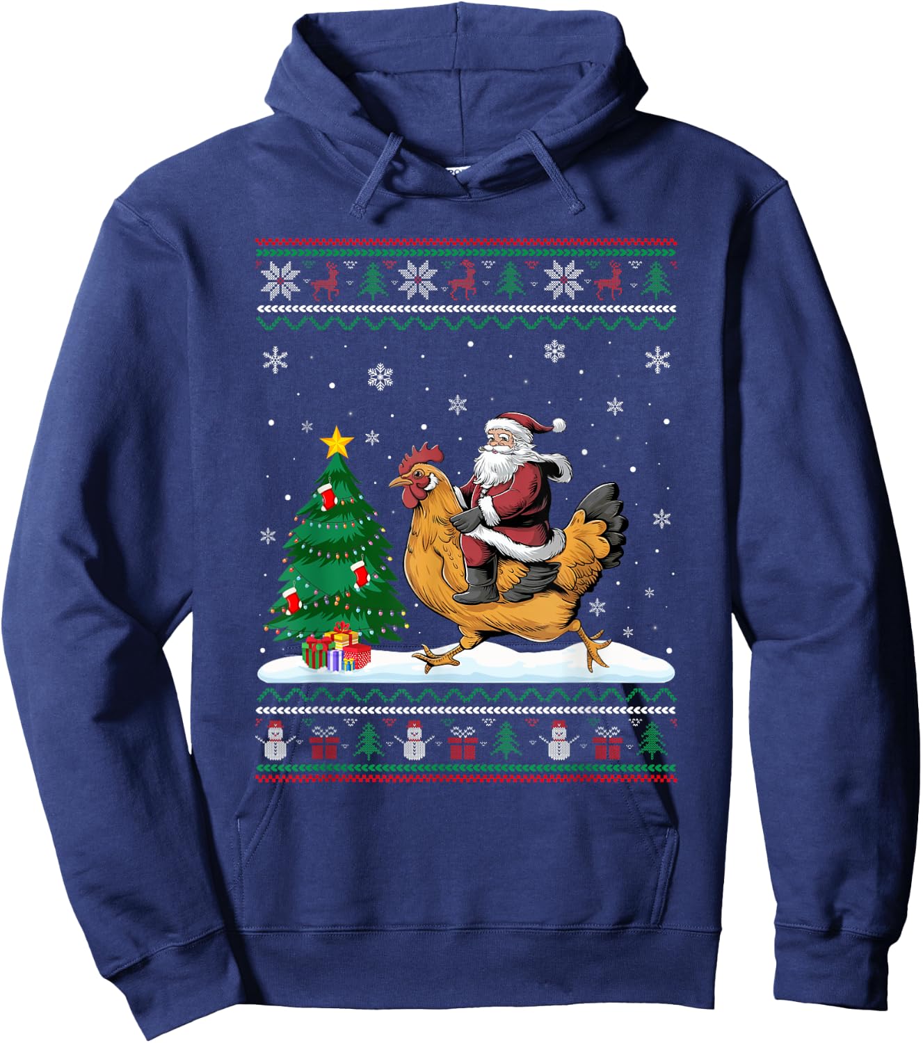 Ugly Christmas Tree Lights Xmas Santa Riding Chicken Hoodie - Hoodie | Navy