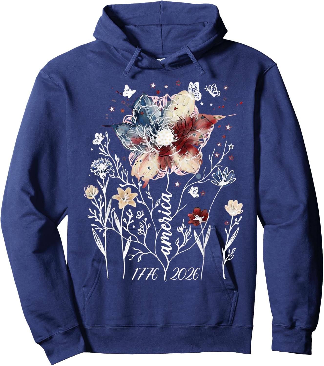 Vintage Americana Wildflower Floral 1776 2026 Patriotic Hoodie - Hoodie | Navy