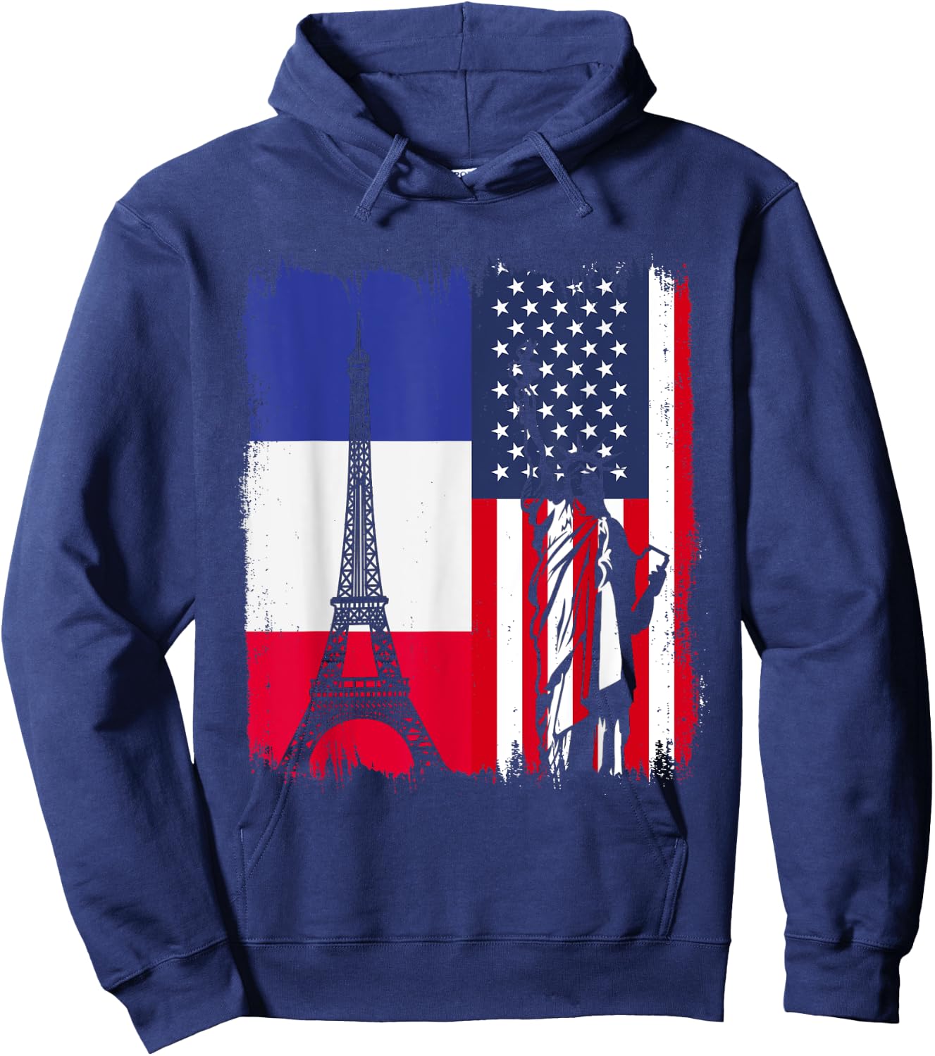 France Eiffel Tower Flag America Statue of Liberty , Black, S Hoodie - Hoodie | Navy