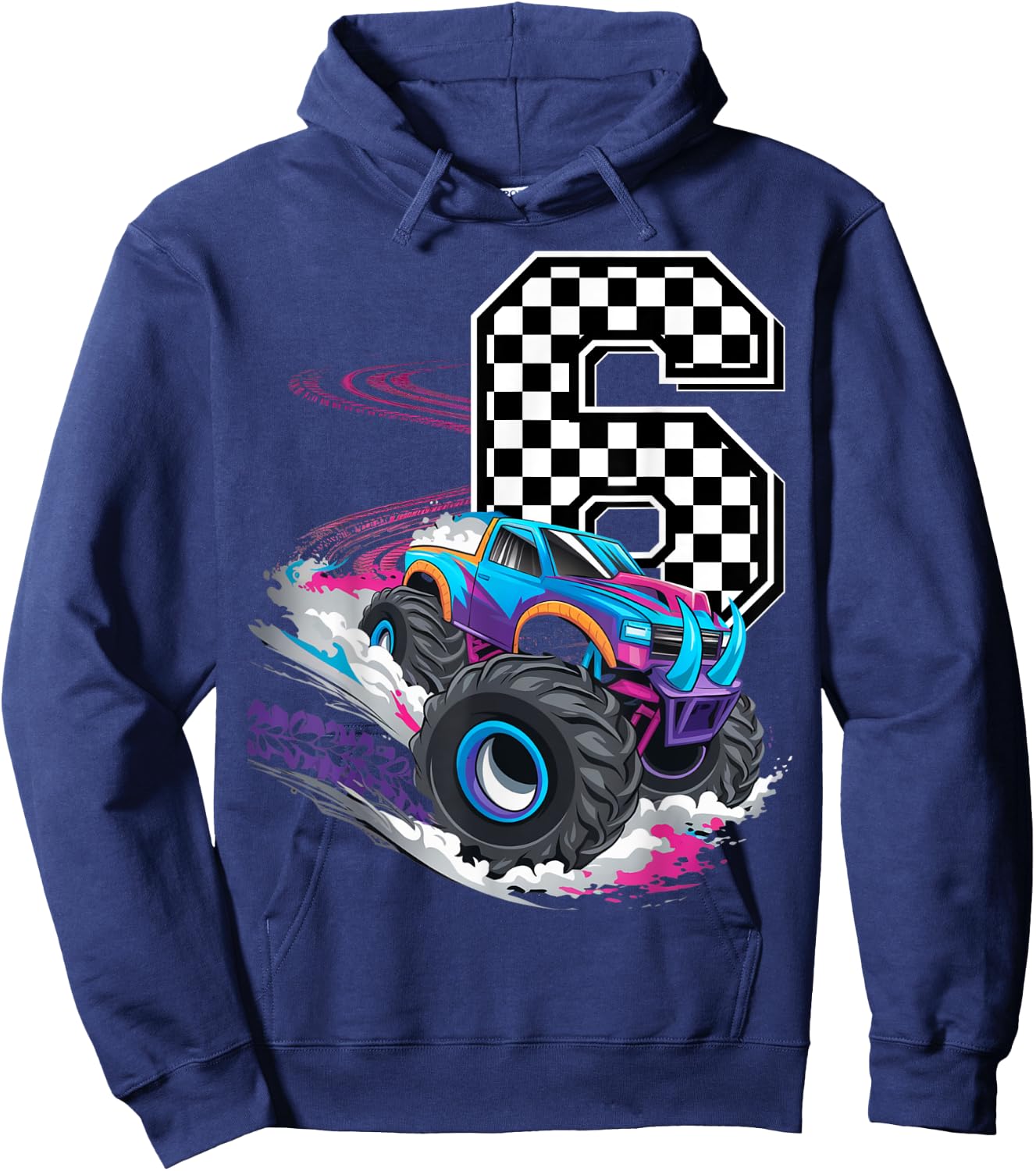6th Birthday Monster Truck Boys 6 Six racing car flag Kids Hoodie - Hoodie | Navy