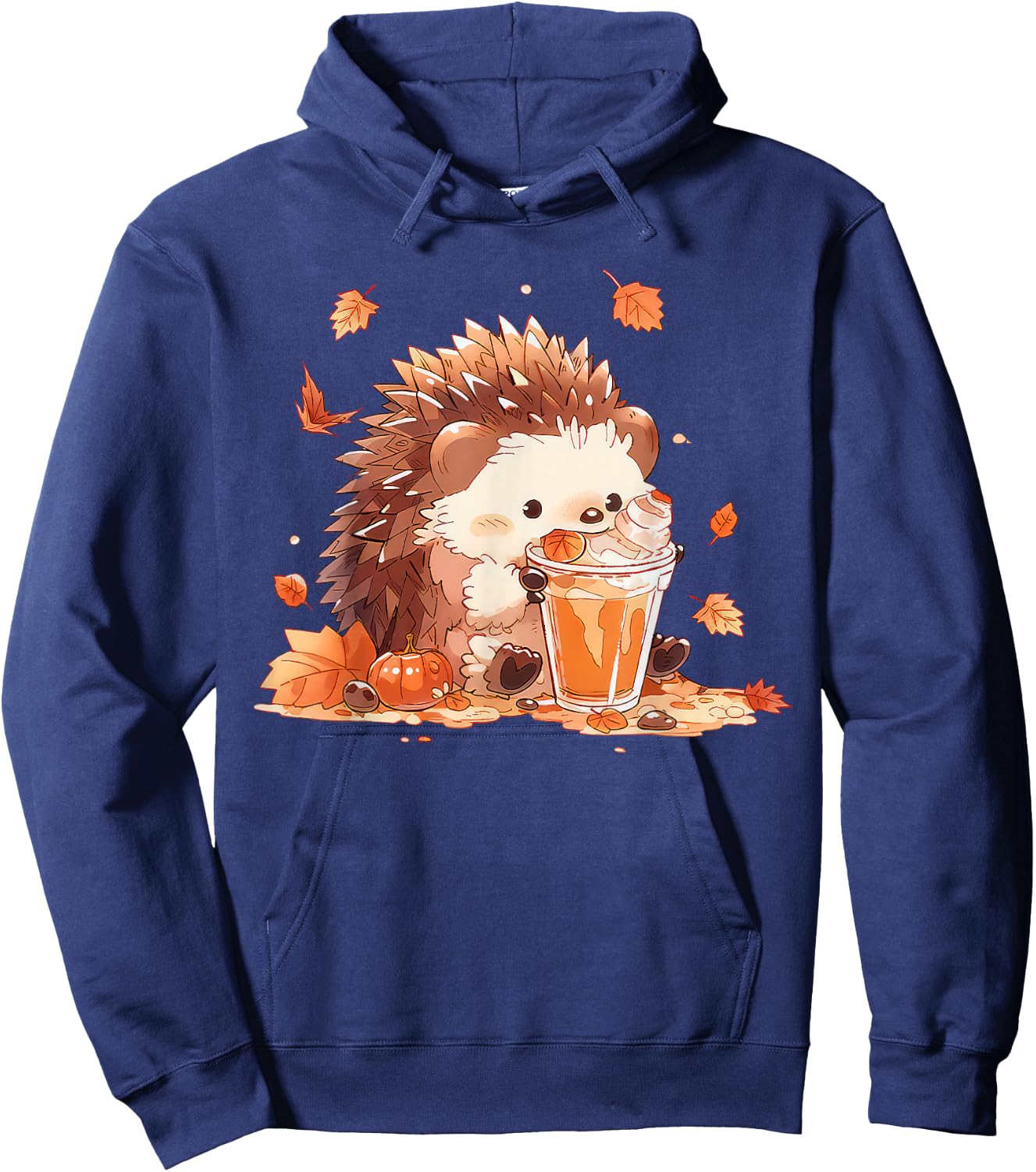 Cute Hedgehog Drinking Coffee Latte Fall Autumn Thanksgiving Hoodie - Hoodie | Navy