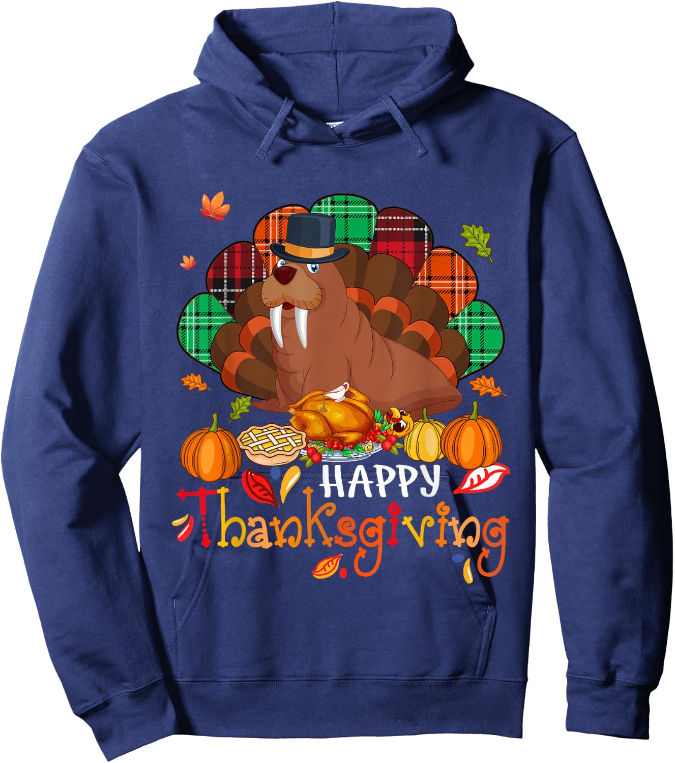 Happy Thanksgiving Cute Walrus Cosplay Turkey With Dinner Hoodie - Hoodie | Navy