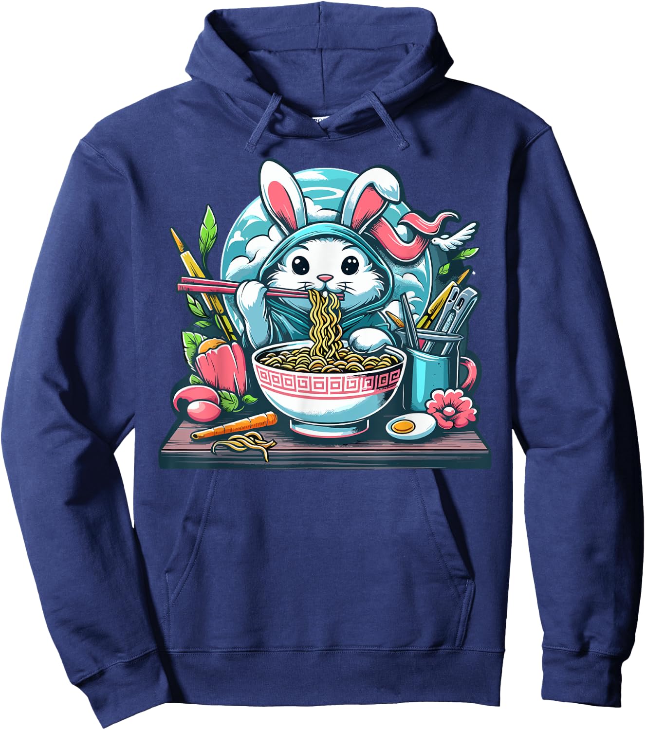 Easter Bunny Anime Eating Ramen Noodles Kawaii Rabbit Hoodie - Hoodie | Navy