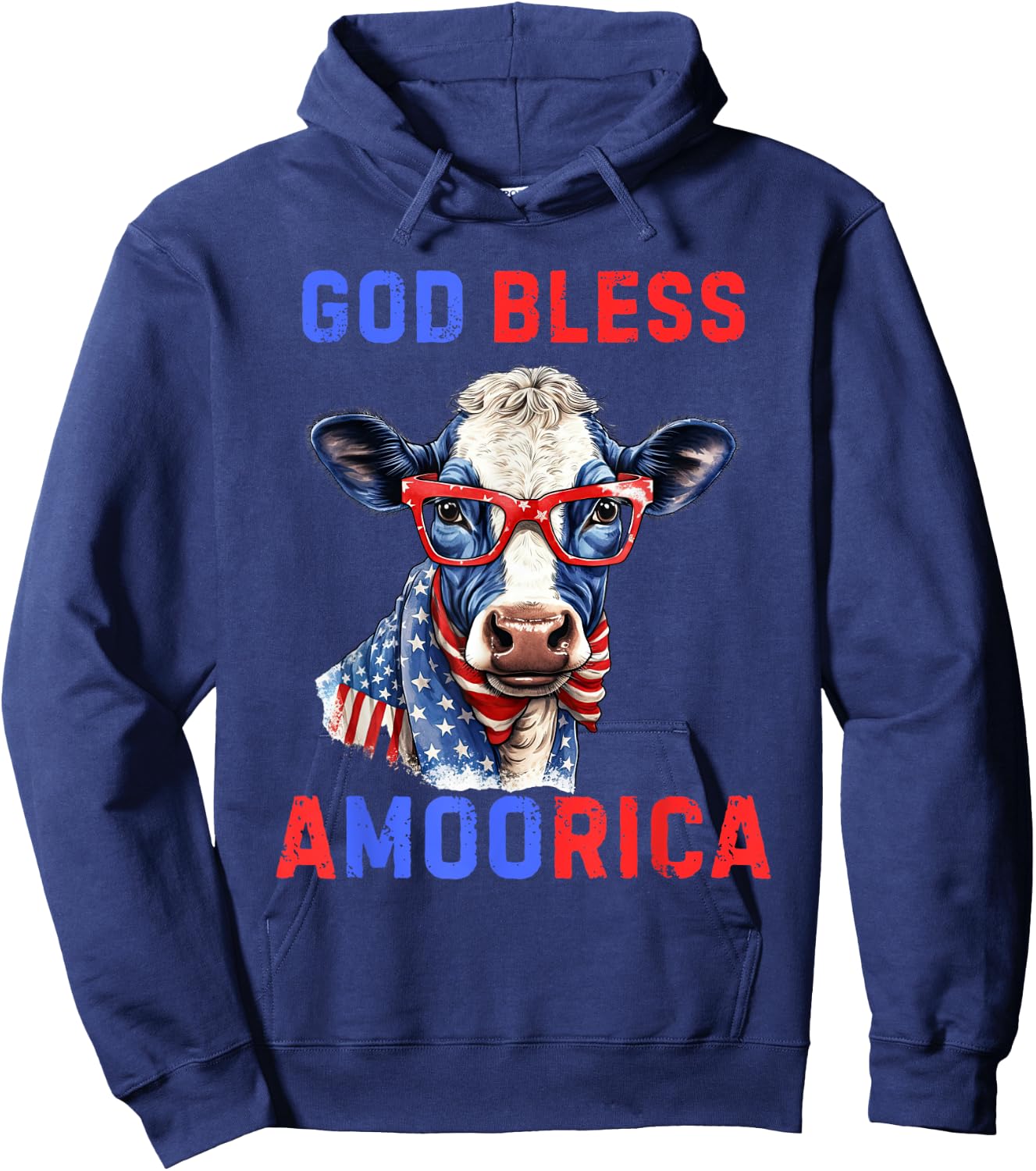 God Bless A Moo Rica Funny 4th of July USA Patriotic Cow Kids Men Hoodie - Hoodie | Navy