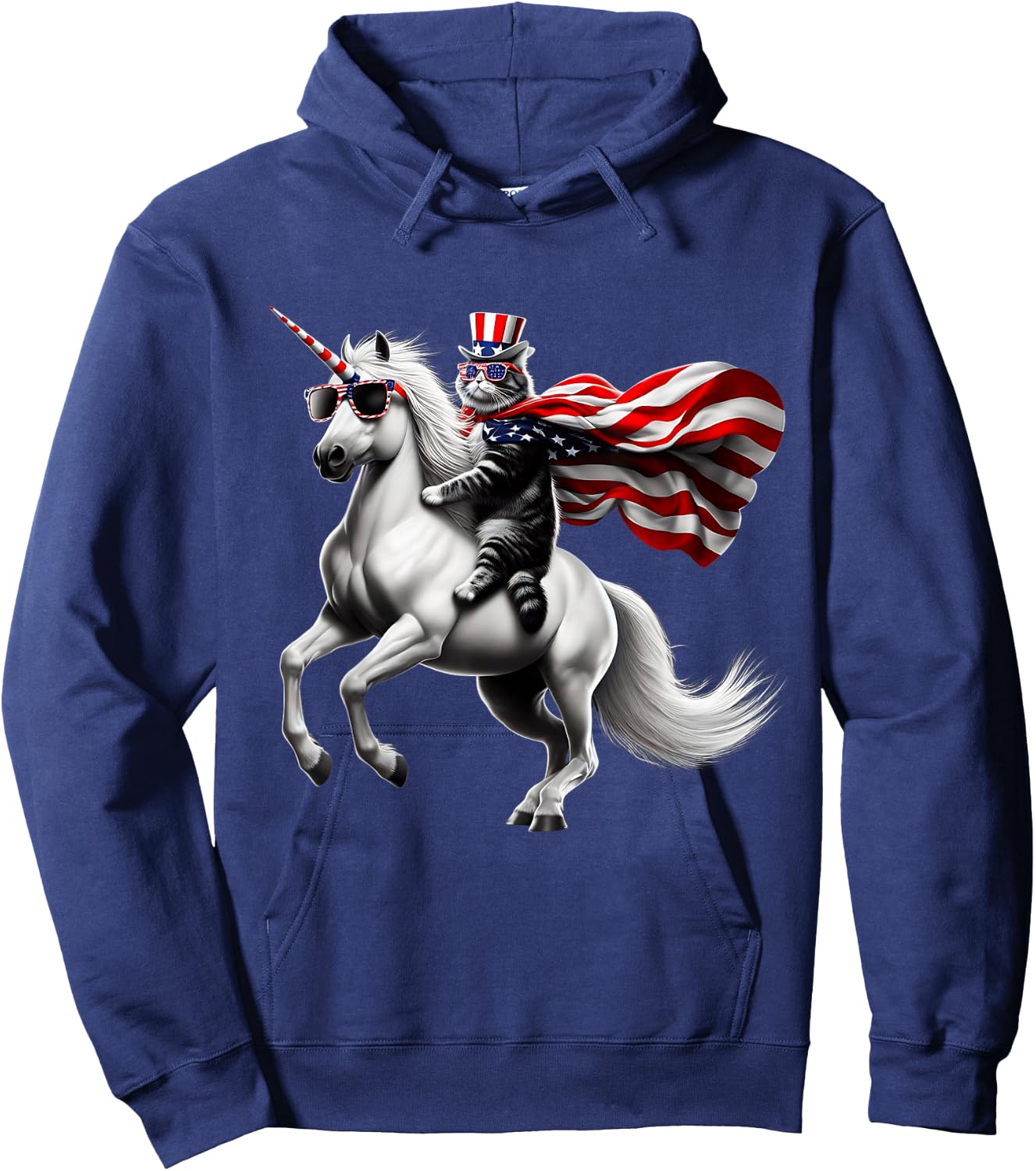 Cat riding Unicorn usa flag Patriotic 4th of July Hoodie - Hoodie | Navy