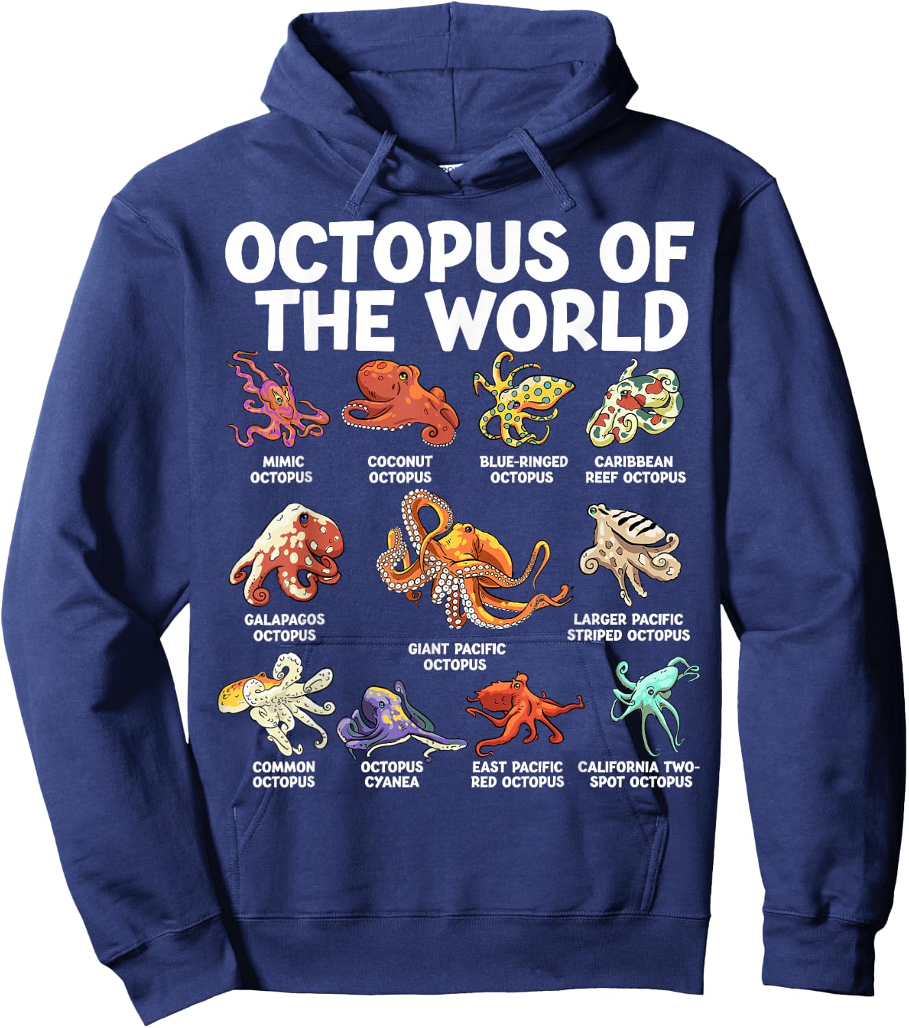 Octopus Of The World Kawaii Types Of Octopus Sea Animal Hoodie - Hoodie | Navy