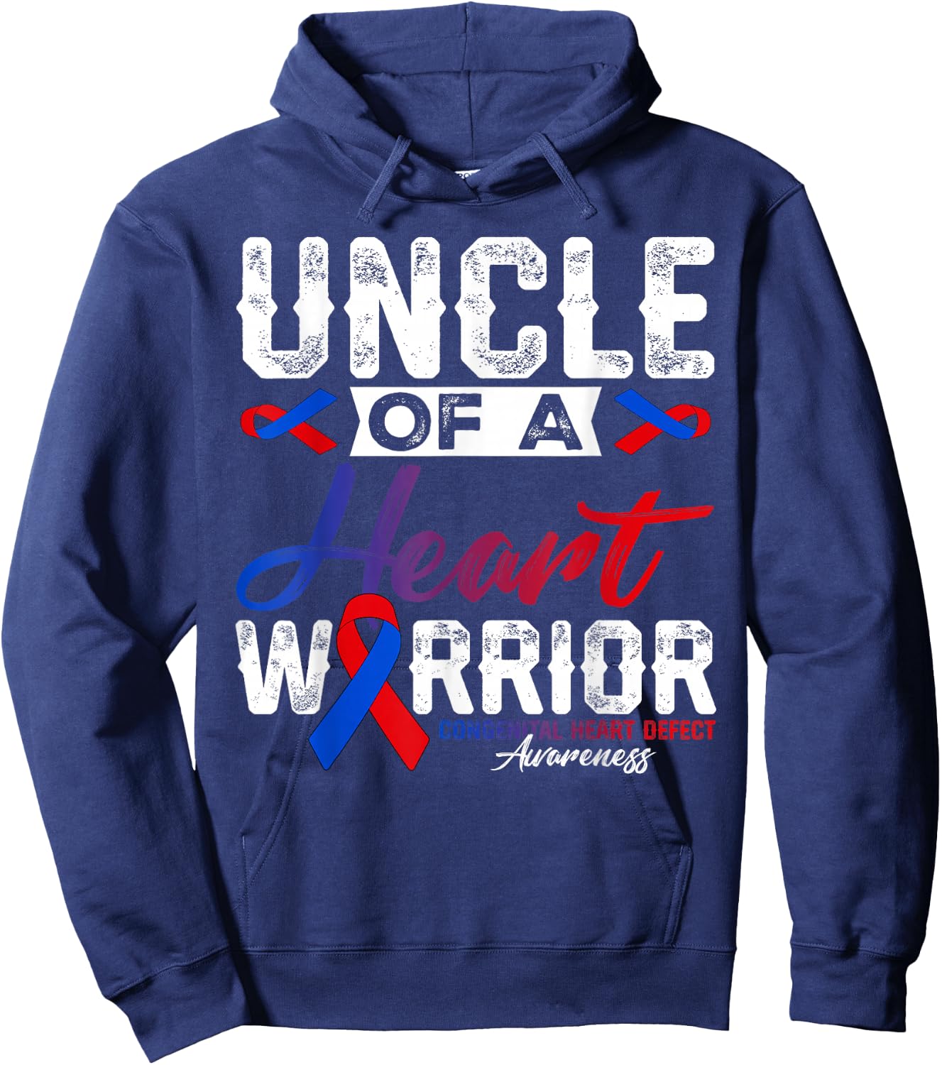 Uncle Of A Heart Warrior CHD Awareness Red Blue Ribbon Men Hoodie - Hoodie | Navy