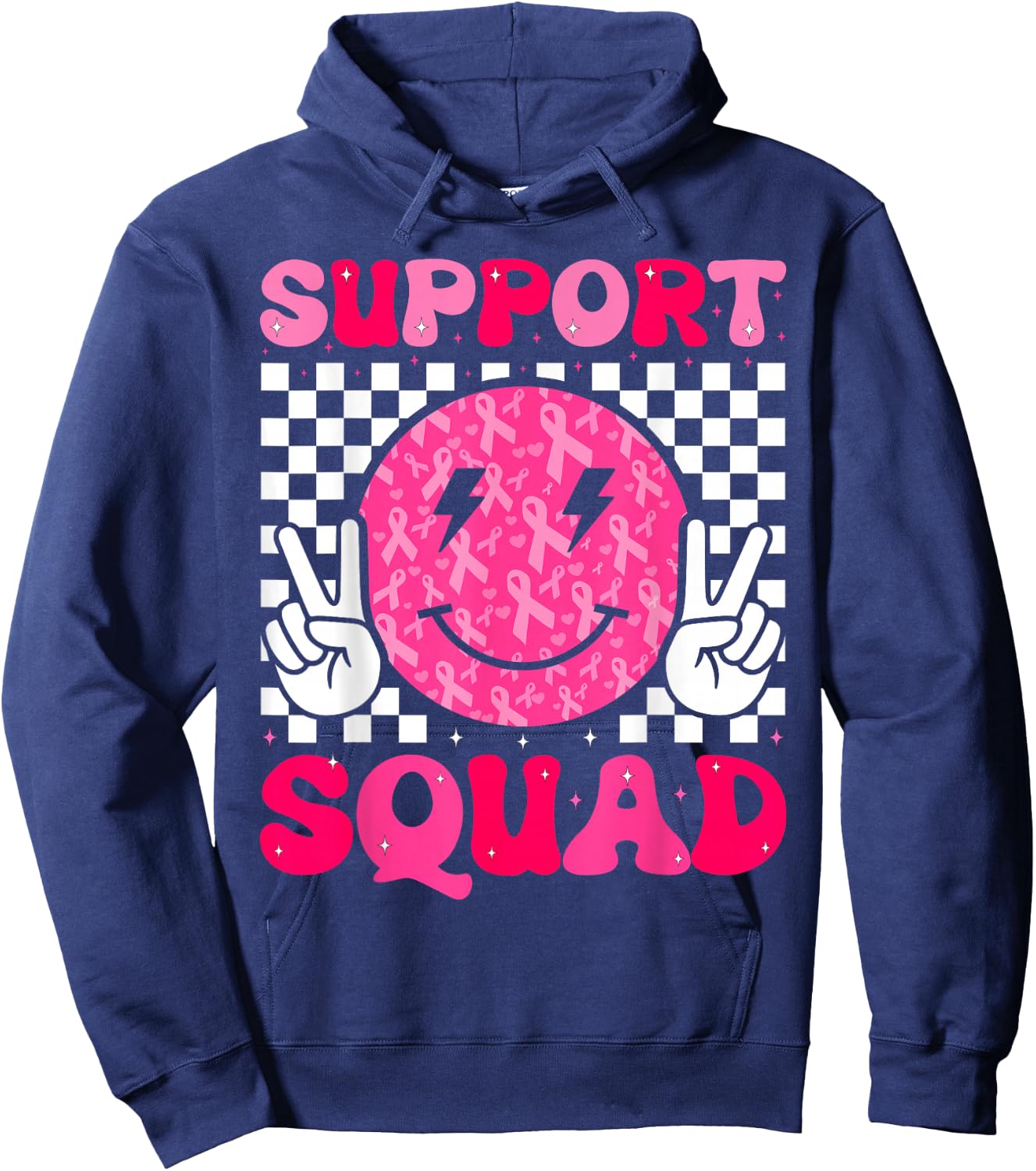 Retro Groovy Support Squad Kid Girl Breast Cancer Awareness Hoodie - Hoodie | Navy