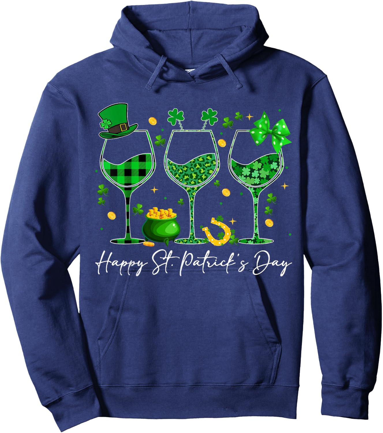 Wine St Patricks Day Leopard Green Shamrock Wine Glasses Hoodie - Hoodie | Navy