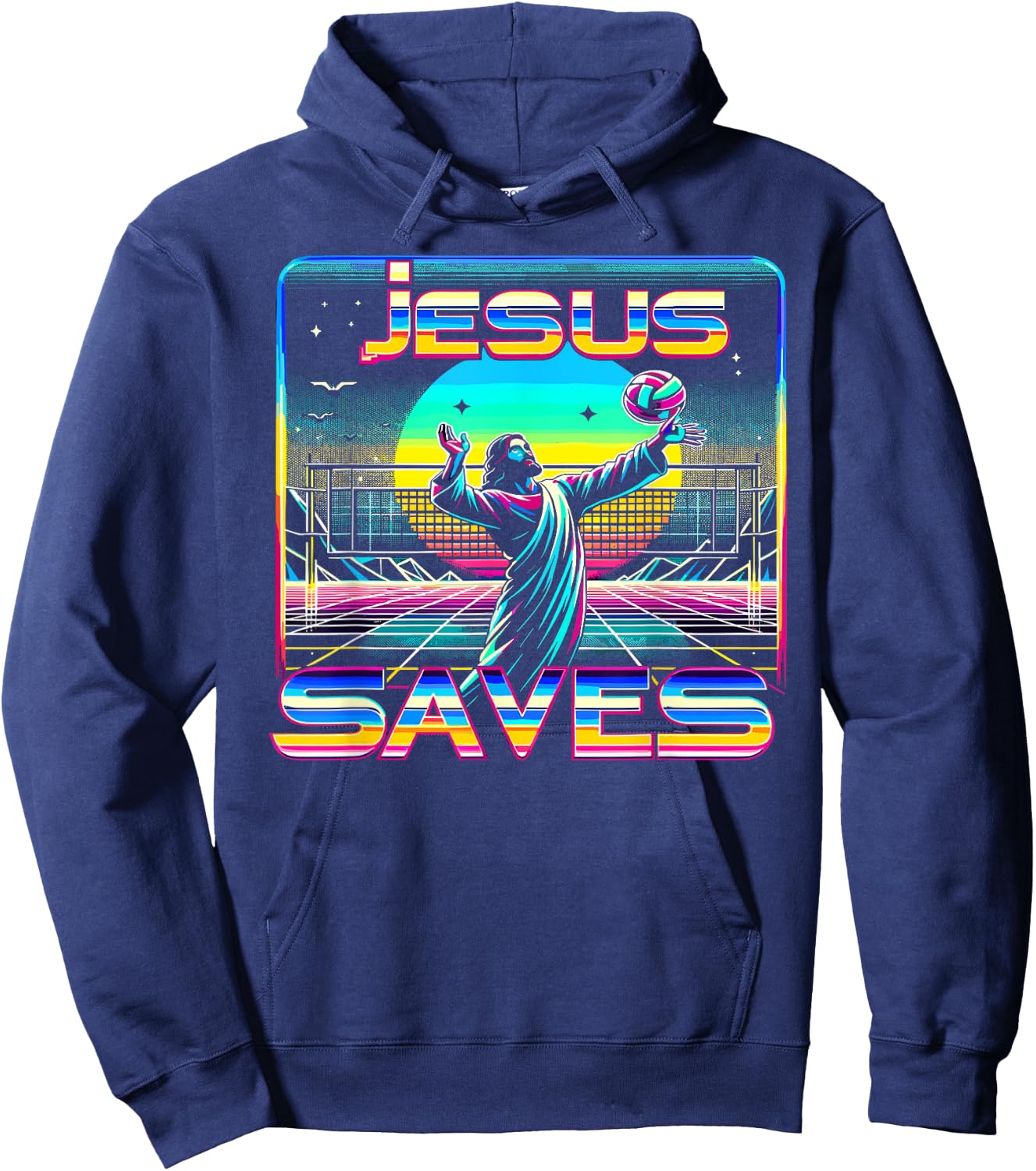 80s Vaporwave Jesus Saves Volleyball Hoodie - Hoodie | Navy