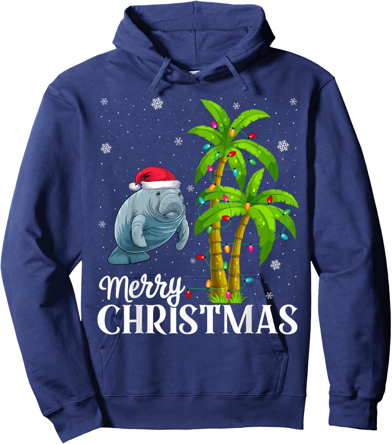 Manatee Lovers Men Women Christmas Tree Lights Beach Hoodie - Hoodie | Navy
