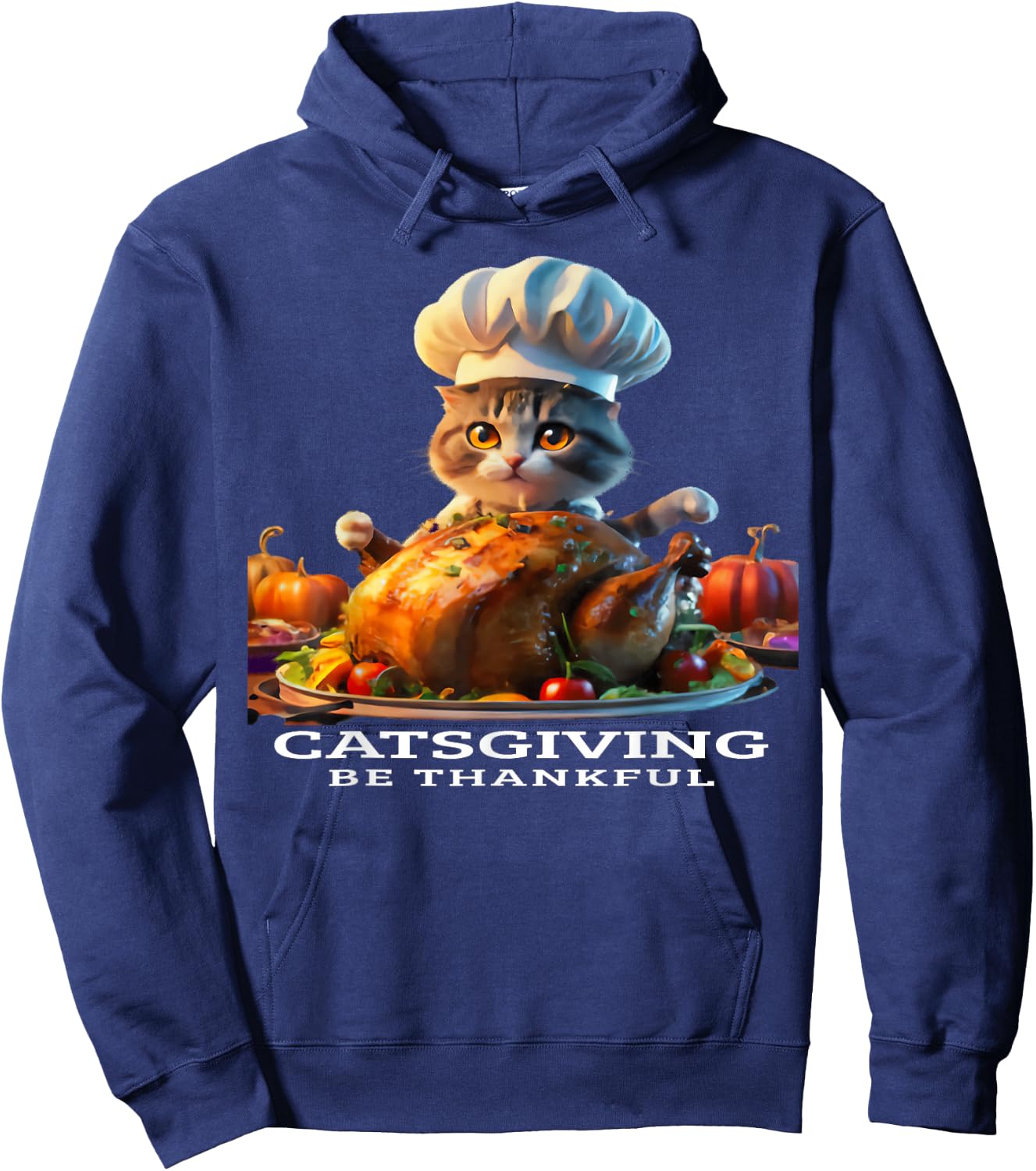 Catsgiving, Be Thankful, Cat Chef Serving Thanksgiving Hoodie - Hoodie | Navy