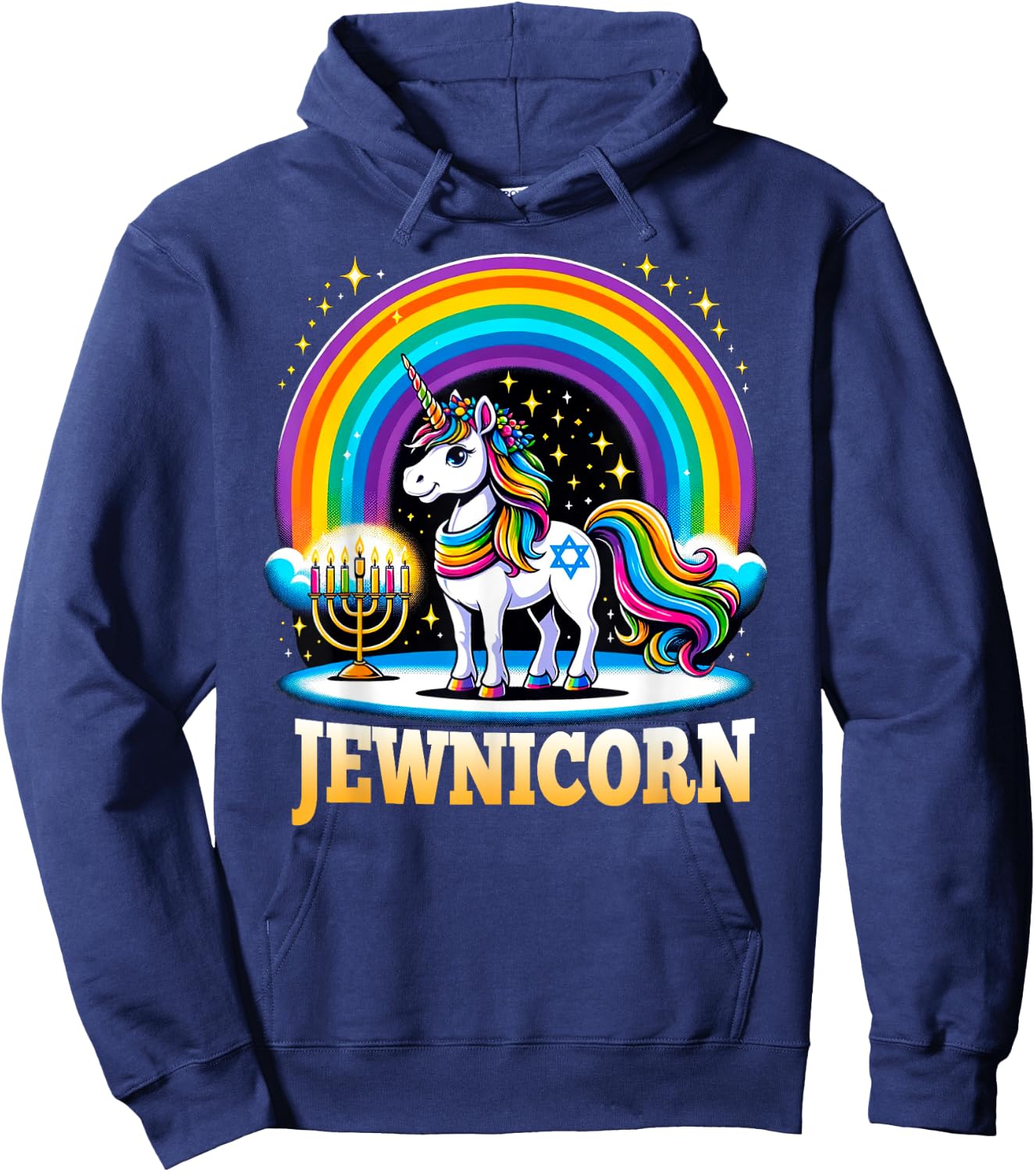 Jewnicorn Jewish Pride Unicorn Menorah Rainbow Hoodie - Hoodie | Navy