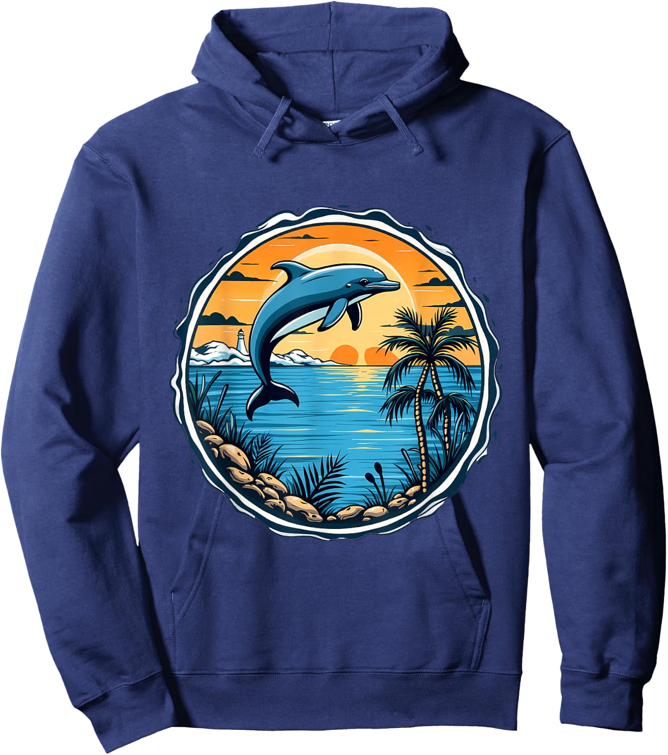 Dolphin Sunset Scene Ocean Tropical Beach Vibes , Black, S Hoodie - Hoodie | Navy