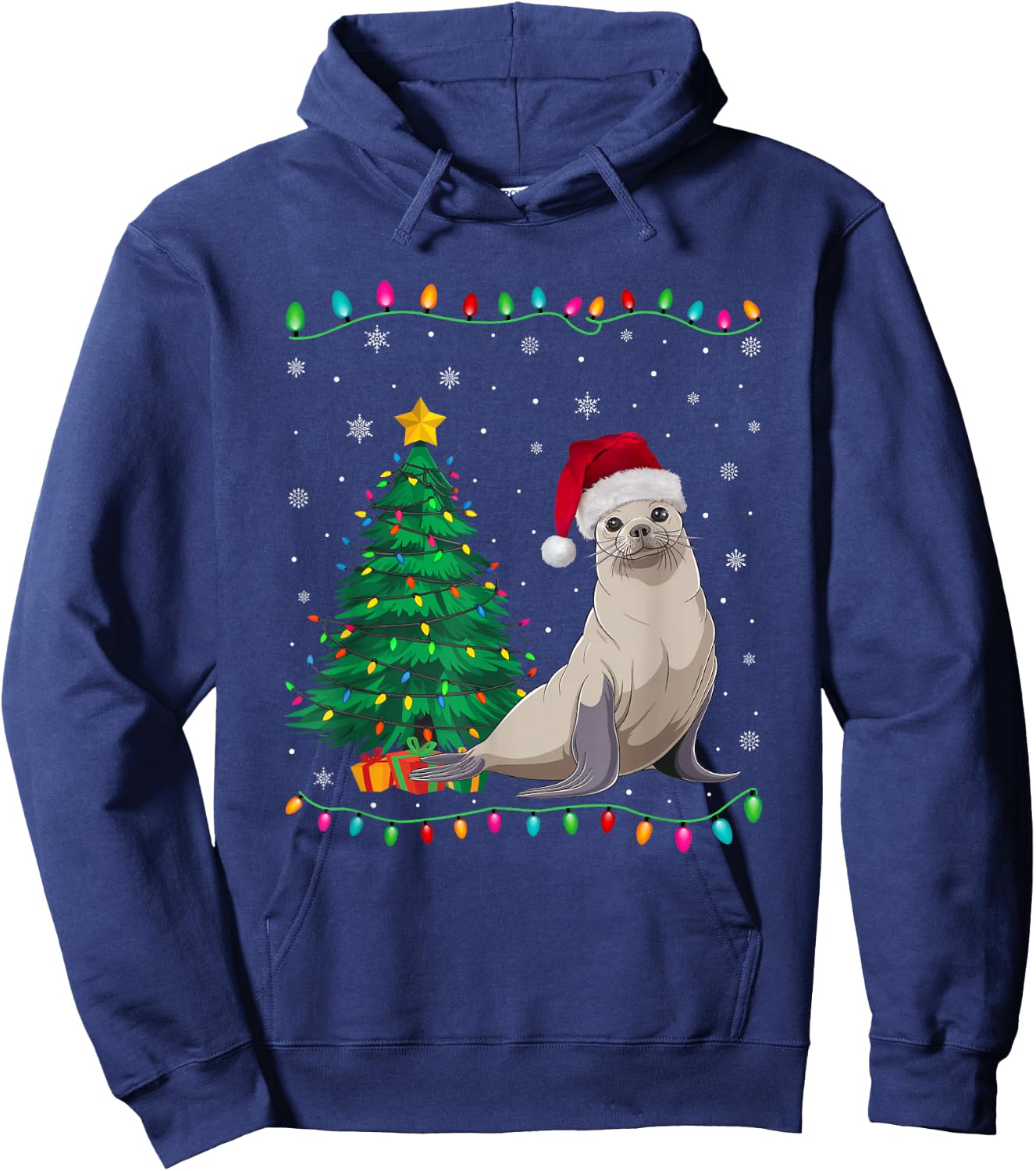 Seal Santa Hat Men Women Kids Christmas Tree Lights Hoodie - Hoodie | Navy
