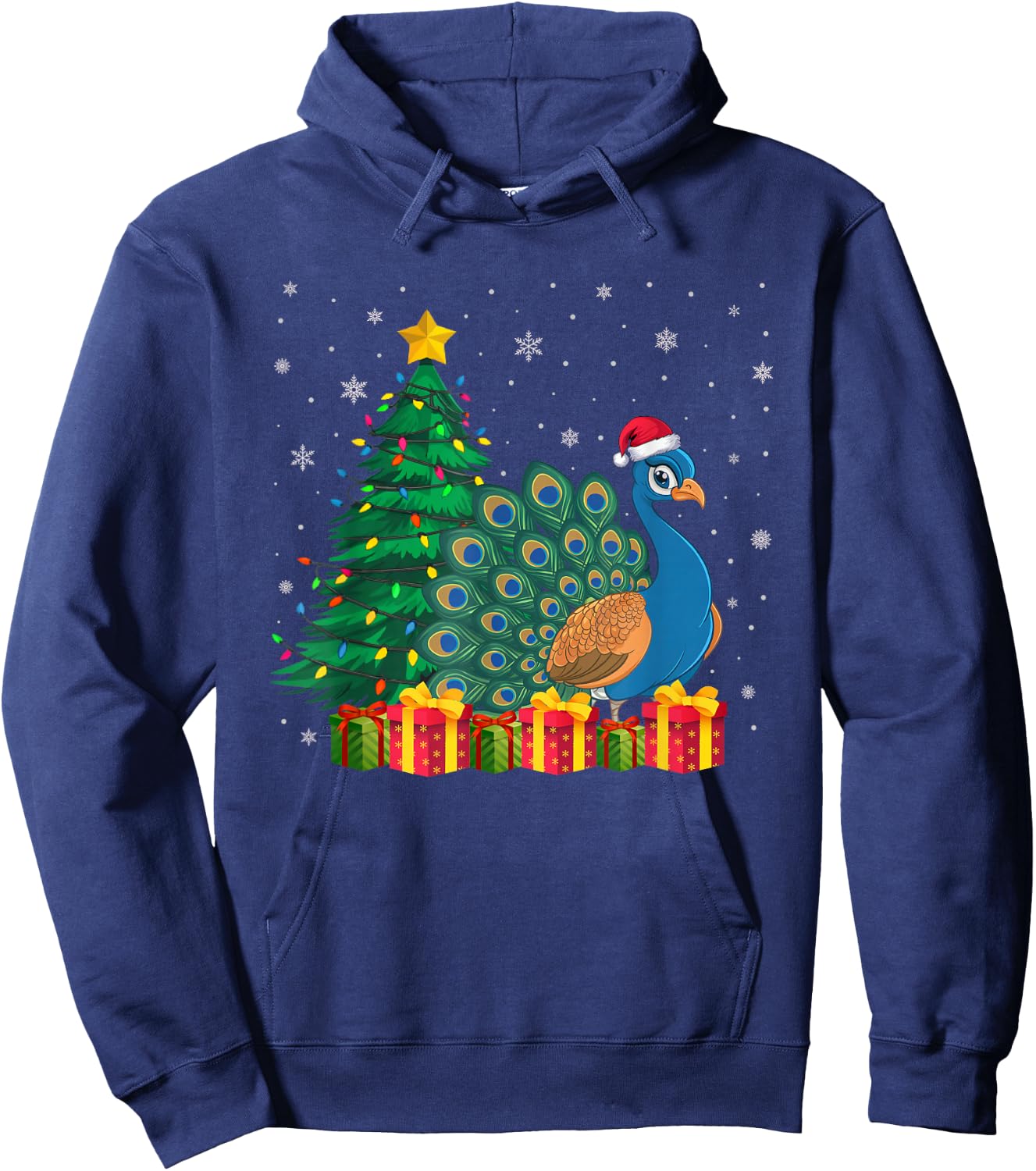 Ugly Peacock Santa Hat Christmas Tree Lights Pajama Hoodie - Hoodie | Navy