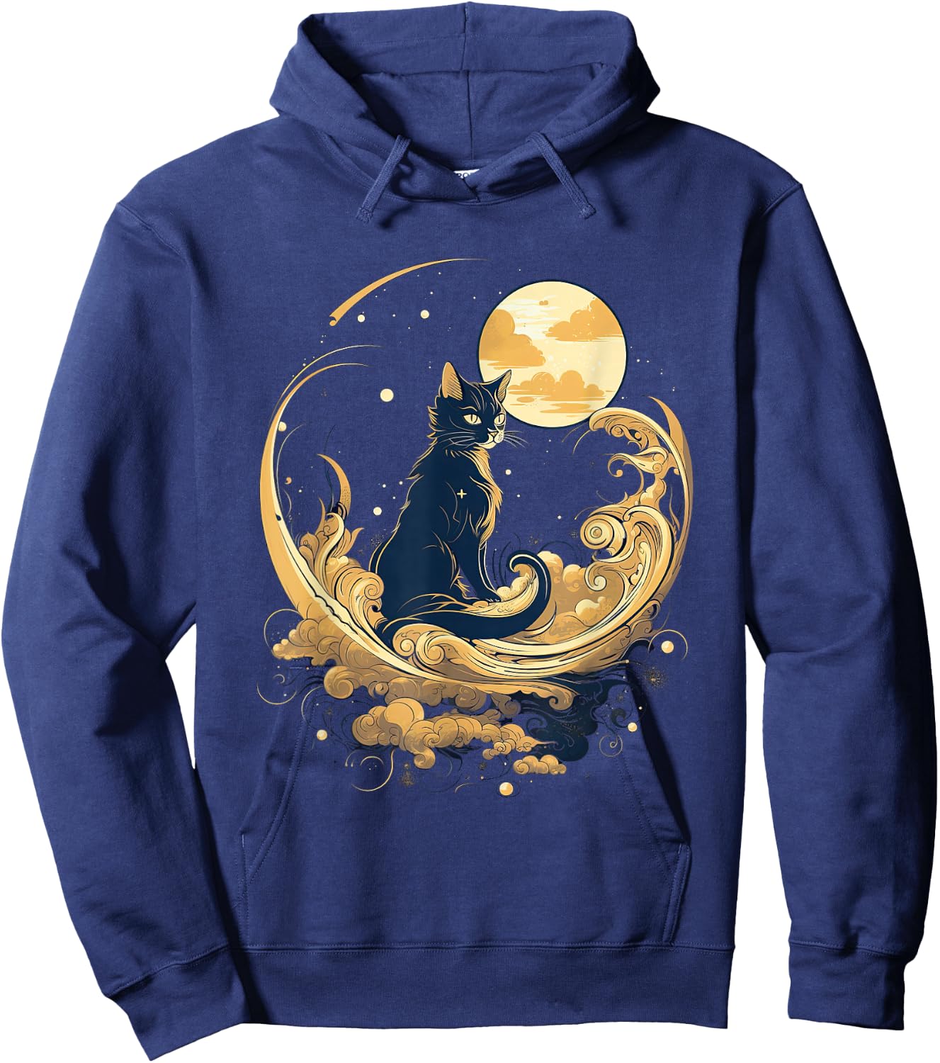 Cat in Front of Moon and Stars Goth Pastel Kawaii Hoodie - Hoodie | Navy
