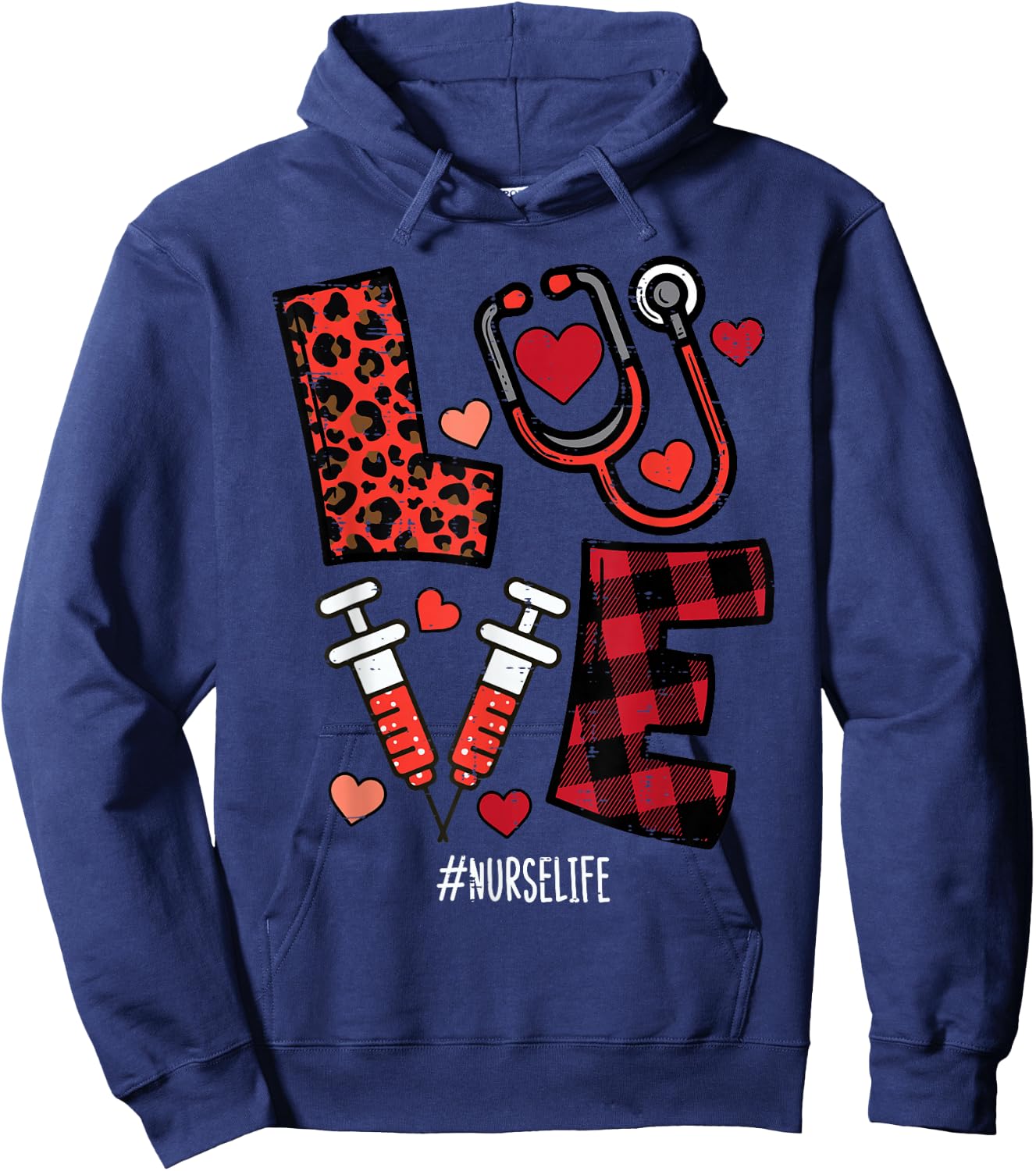 Valentines Day Leopard Plaid Nurse Nursing Scrub Top Women Hoodie - Hoodie | Navy