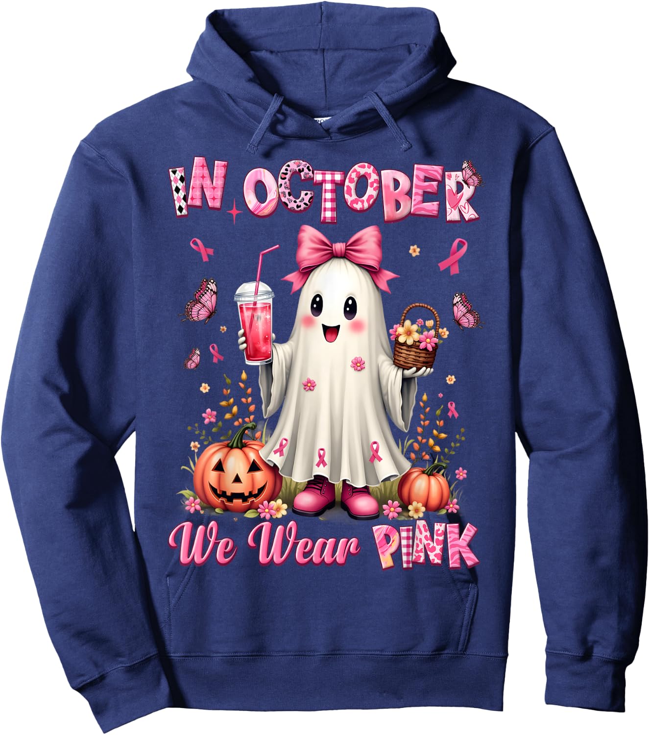 In October We Wear Pink Ghost Breast Cancer Awareness Hoodie - Hoodie | Navy