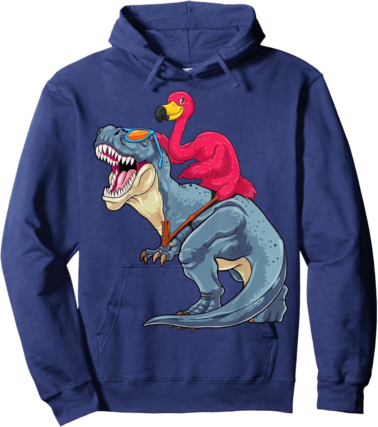 Flamingo Riding Dinosaur T-Rex Funny Flock Bird Dino Pun Hoodie - Hoodie | Navy
