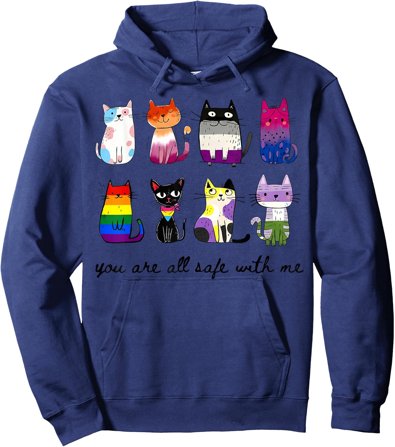 You are All Safe with Me Multi Flag LGBTQ Cat Hoodie - Hoodie | Navy