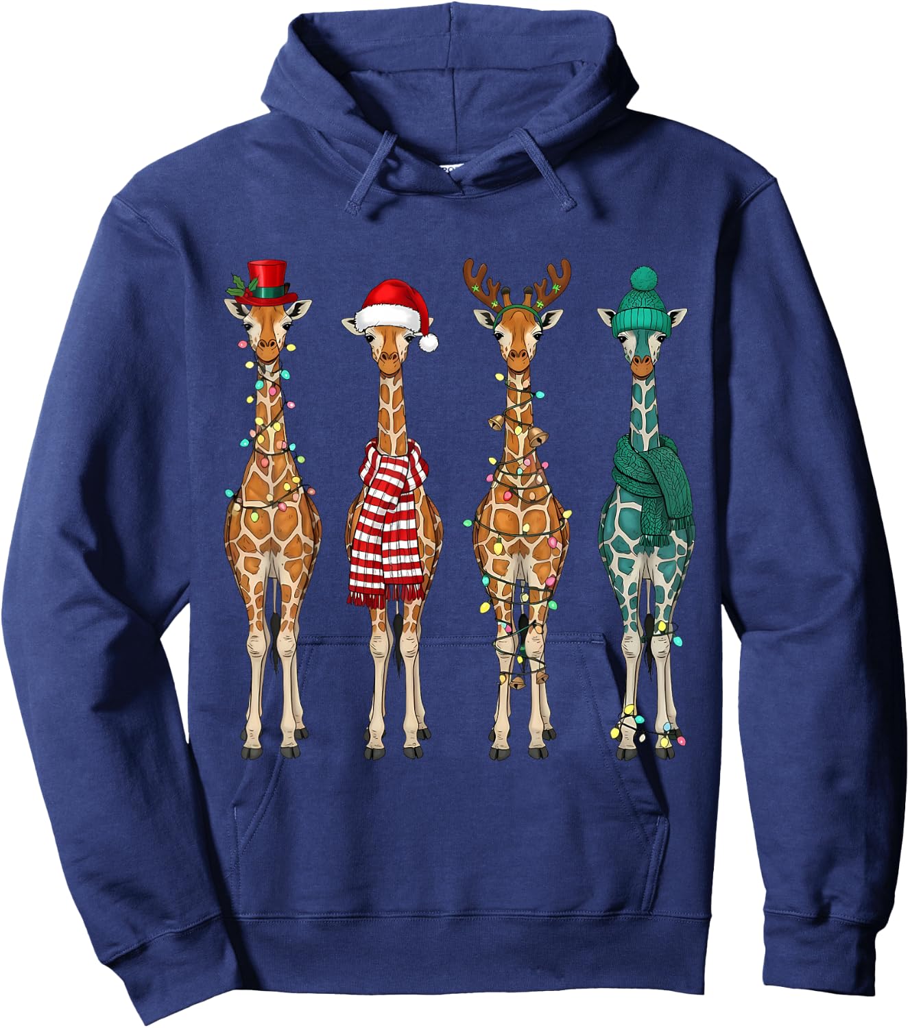 Cute Christmas Giraffe Santa Hat Xmas Lights Holiday Animal Hoodie - Hoodie | Navy